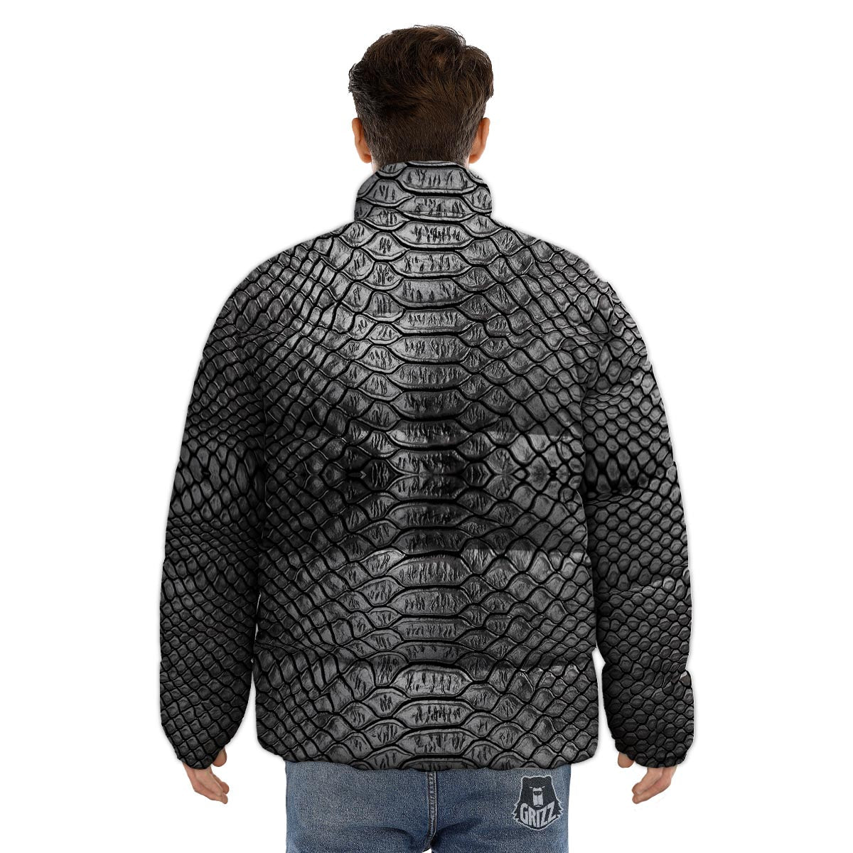 Snakeskin Black And Tan Print Pattern Puffer Jacket-grizzshop