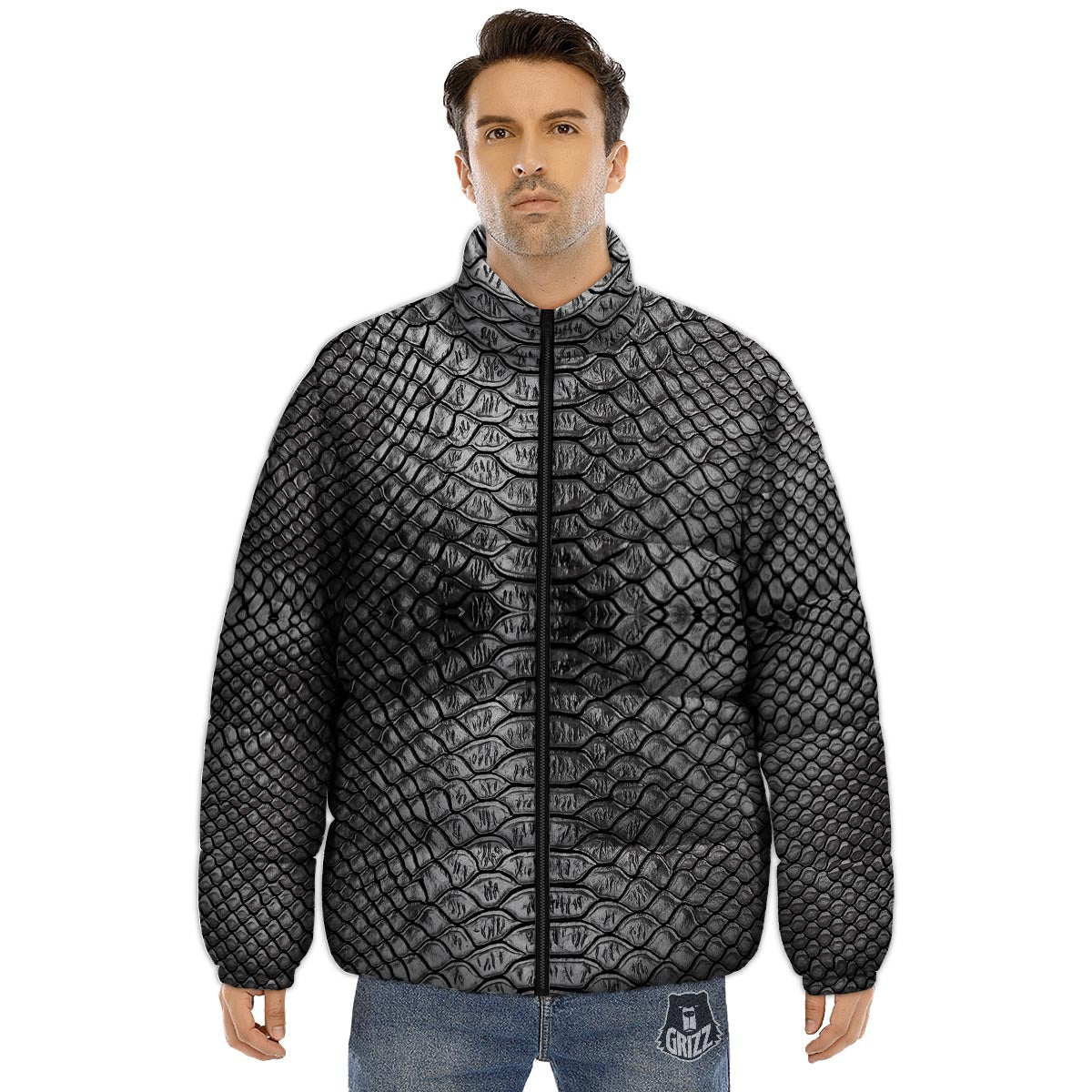 Snakeskin Black And Tan Print Pattern Puffer Jacket-grizzshop