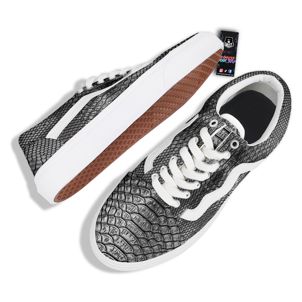Snakeskin Black And Tan Print Pattern Skate Shoes-grizzshop