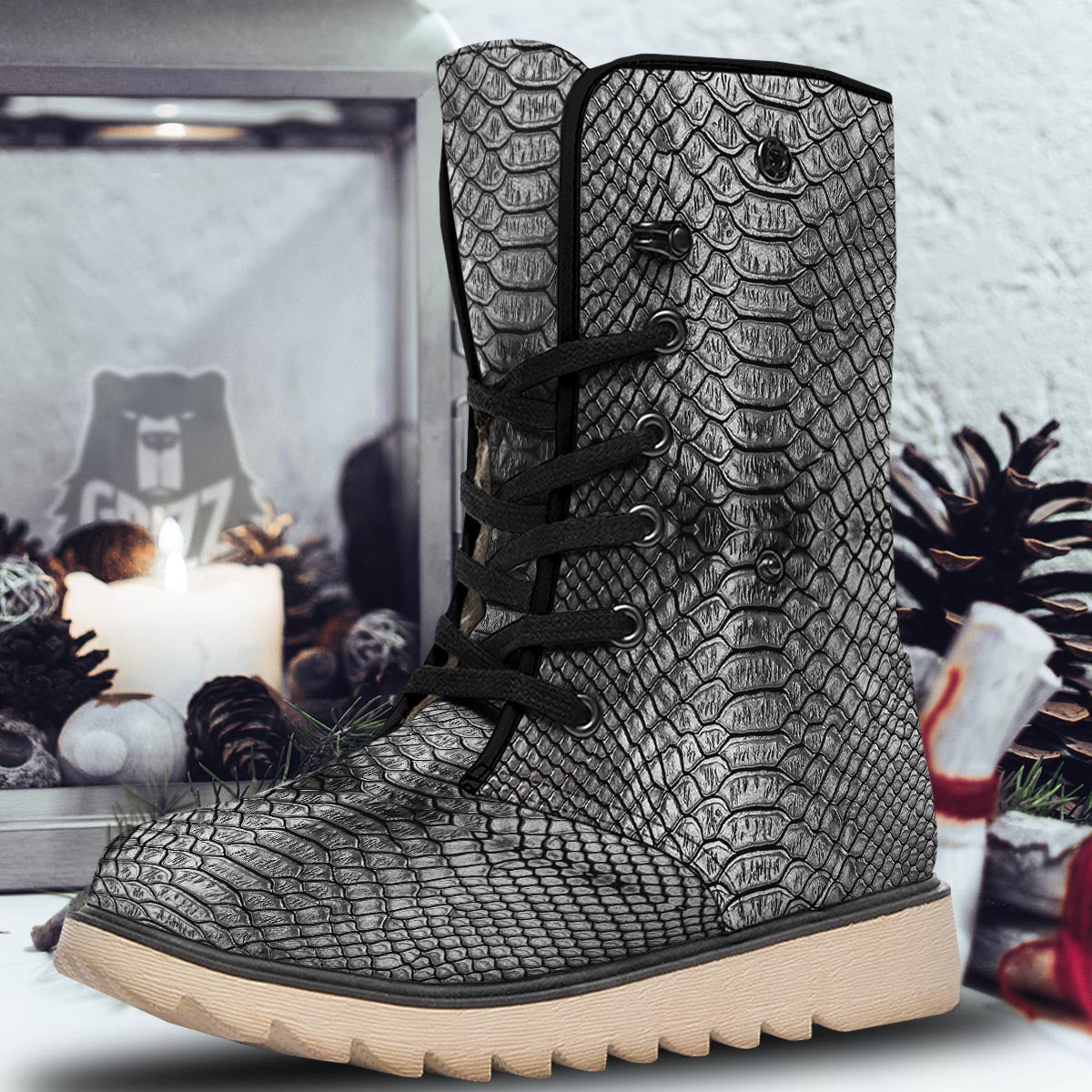 Snakeskin Black And Tan Print Pattern Snow Boots-grizzshop
