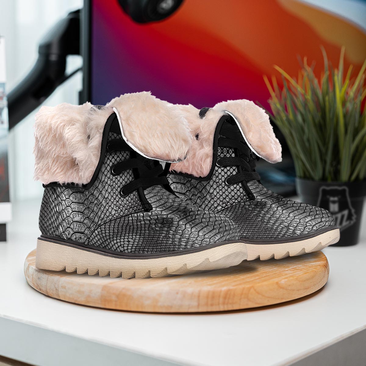 Snakeskin Black And Tan Print Pattern Snow Boots-grizzshop