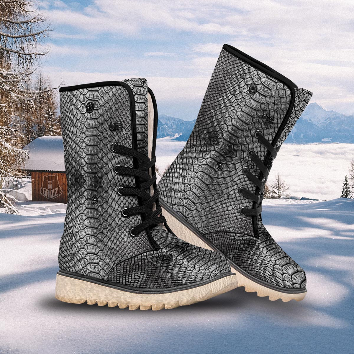 Snakeskin Black And Tan Print Pattern Snow Boots-grizzshop
