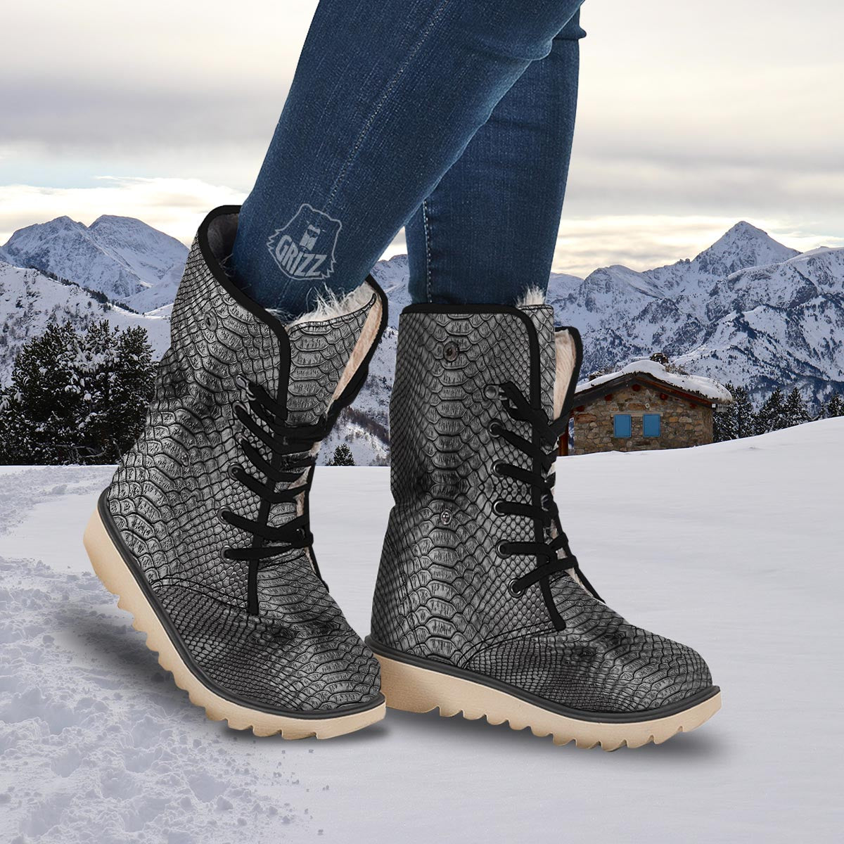 Snakeskin Black And Tan Print Pattern Snow Boots-grizzshop