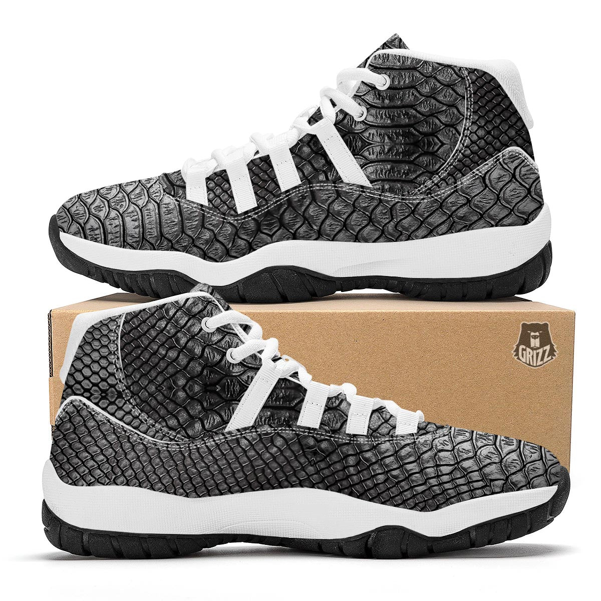 Snakeskin Black And Tan Print Pattern White Bball Shoes-grizzshop