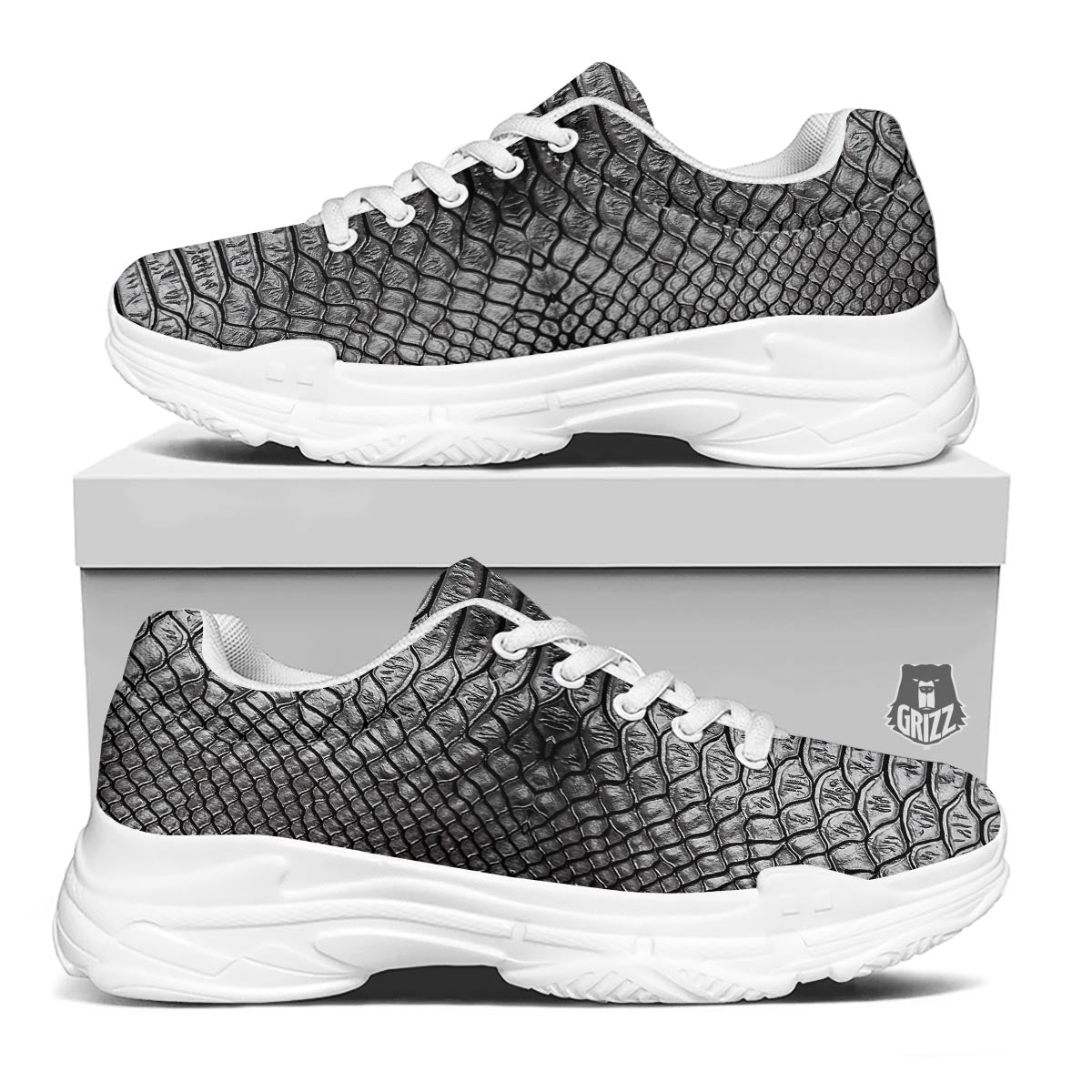 Snakeskin Black And Tan Print Pattern White Chunky Shoes-grizzshop