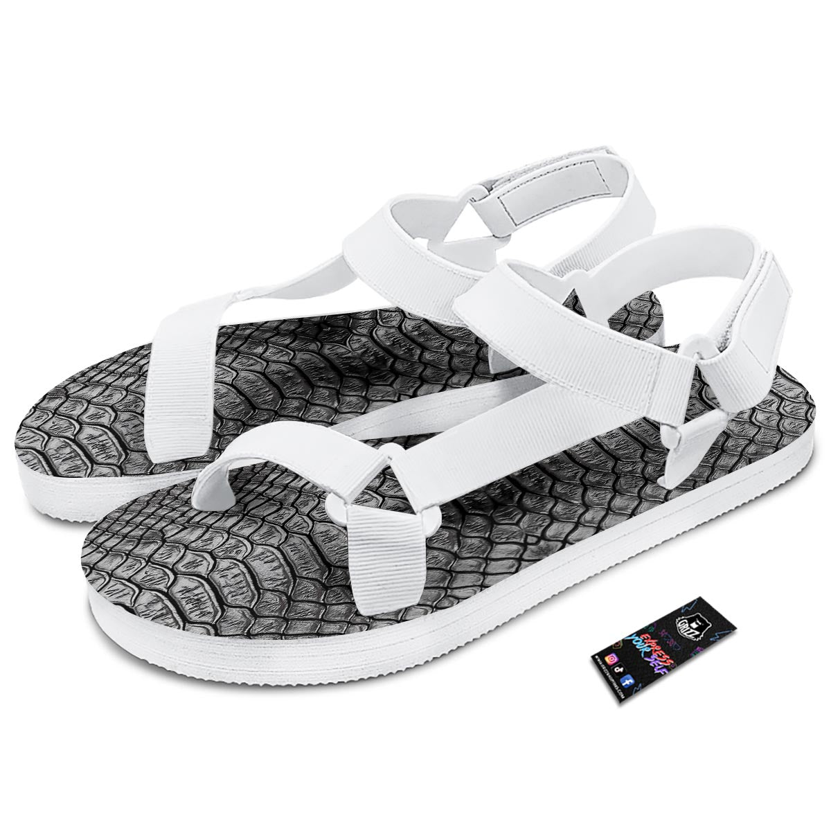 Snakeskin Black And Tan Print Pattern White Open Toe Sandals-grizzshop