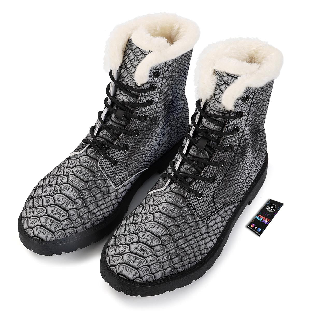 Snakeskin Black And Tan Print Pattern Winter Boots-grizzshop
