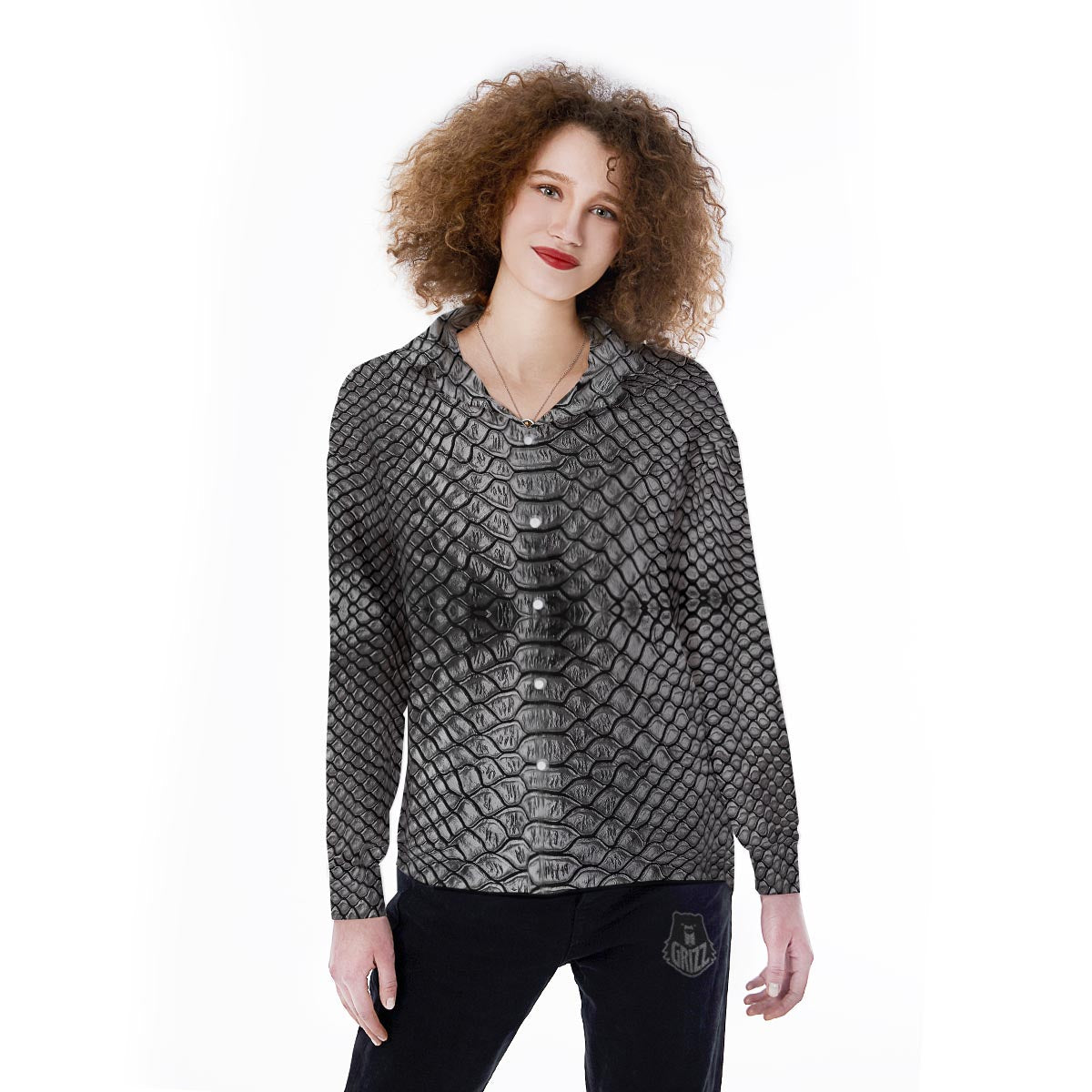 Snakeskin Black And Tan Print Pattern Women's Long Sleeve Shirts-grizzshop