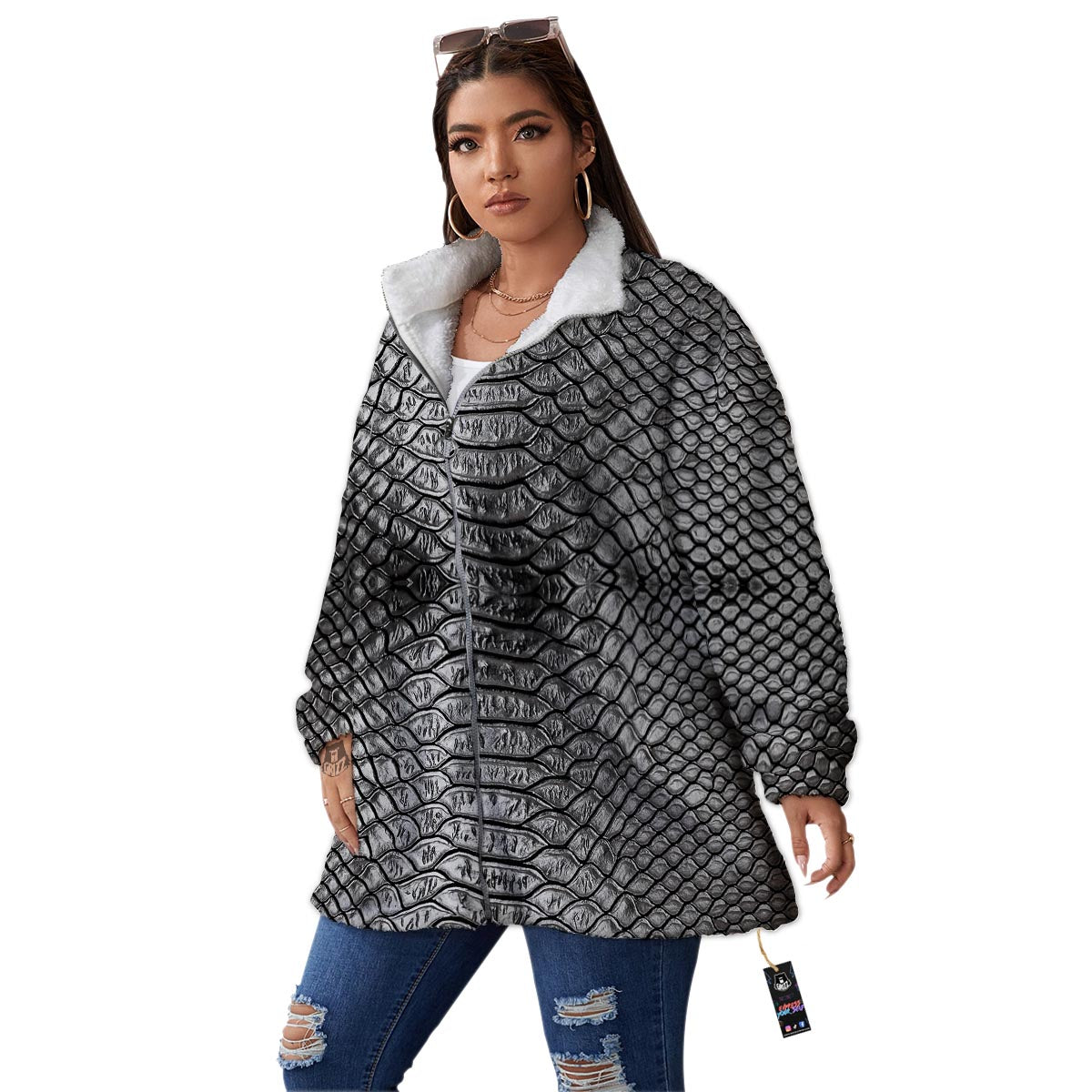 Snakeskin Black And Tan Print Pattern Women's Sherpa Jacket-grizzshop