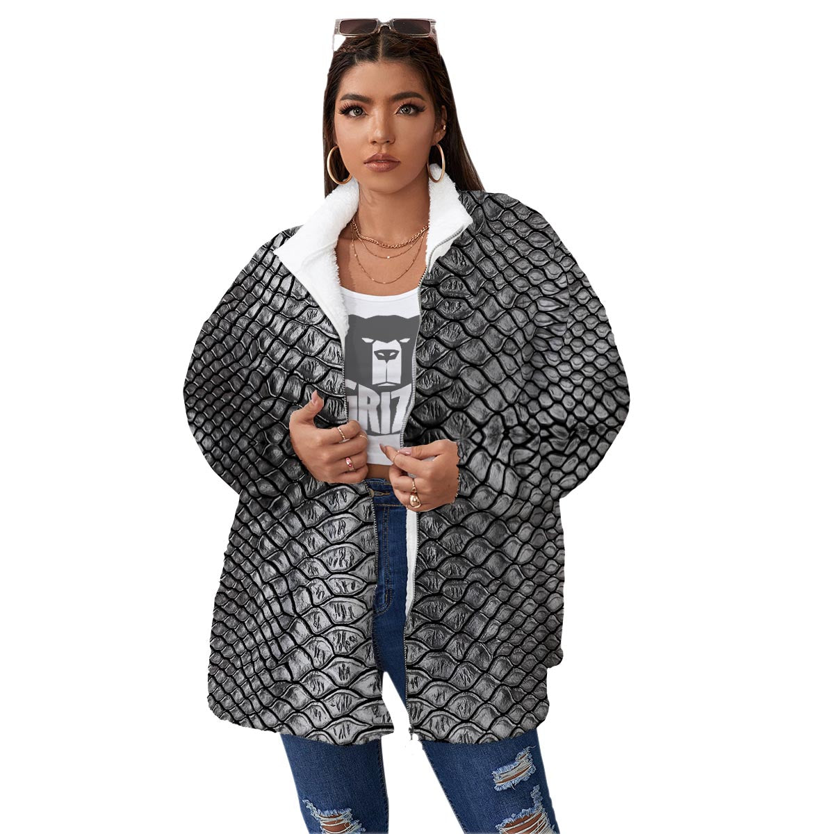 Snakeskin Black And Tan Print Pattern Women's Sherpa Jacket-grizzshop