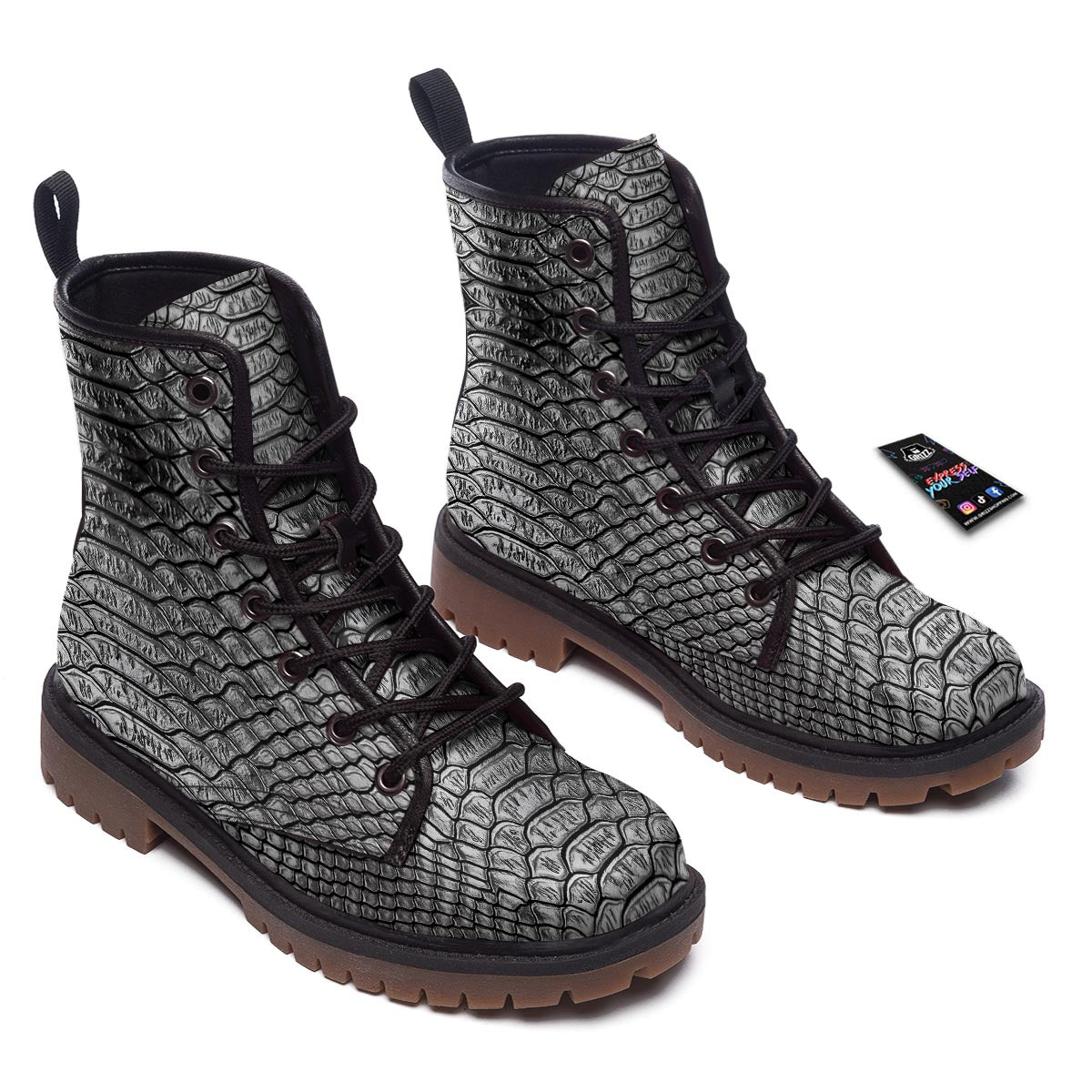 Snakeskin Black And Tan Print Pattern Work Boots-grizzshop