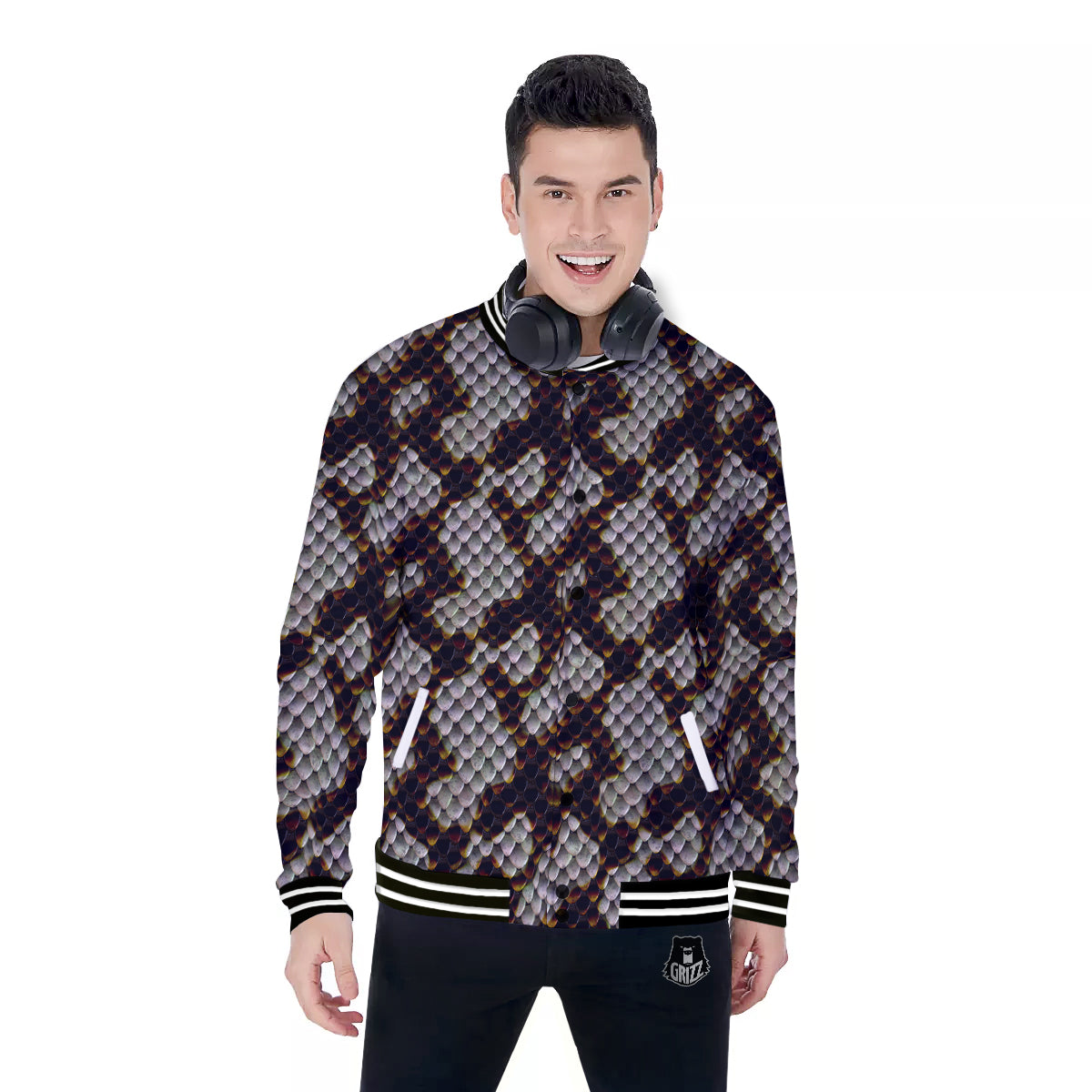 Snakeskin Black And White Texture Print Baseball Jacket-grizzshop