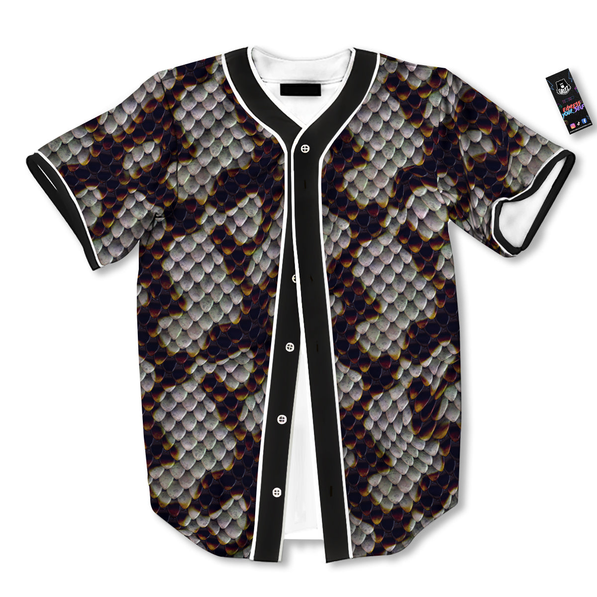 Snakeskin Black And White Texture Print Baseball Jersey-grizzshop