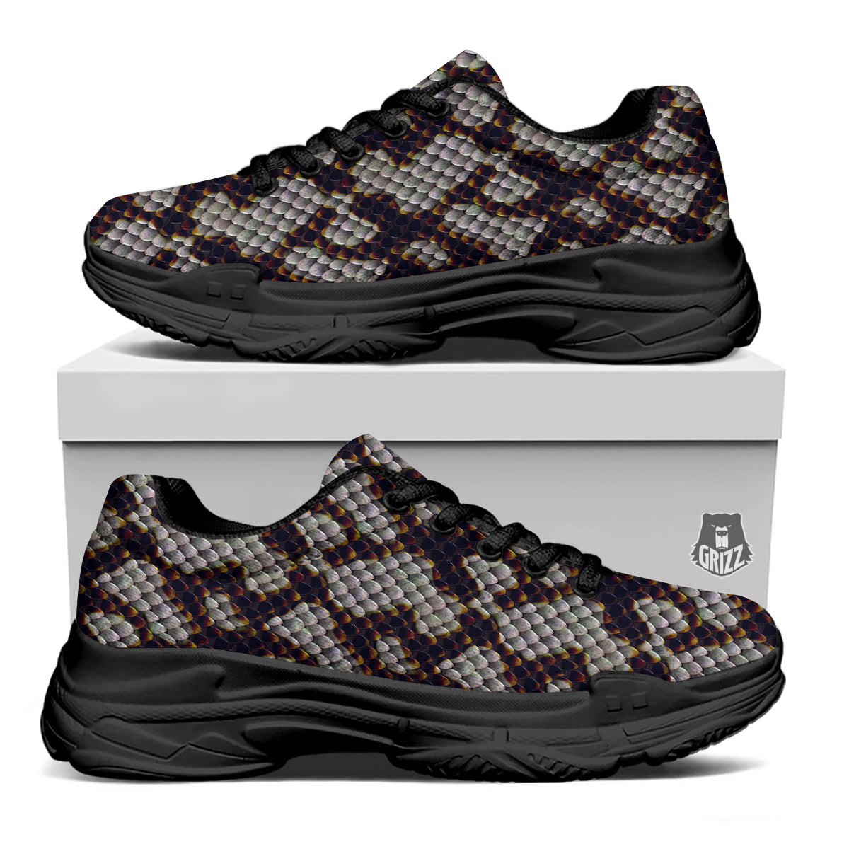 Snakeskin Black And White Texture Print Black Chunky Shoes-grizzshop