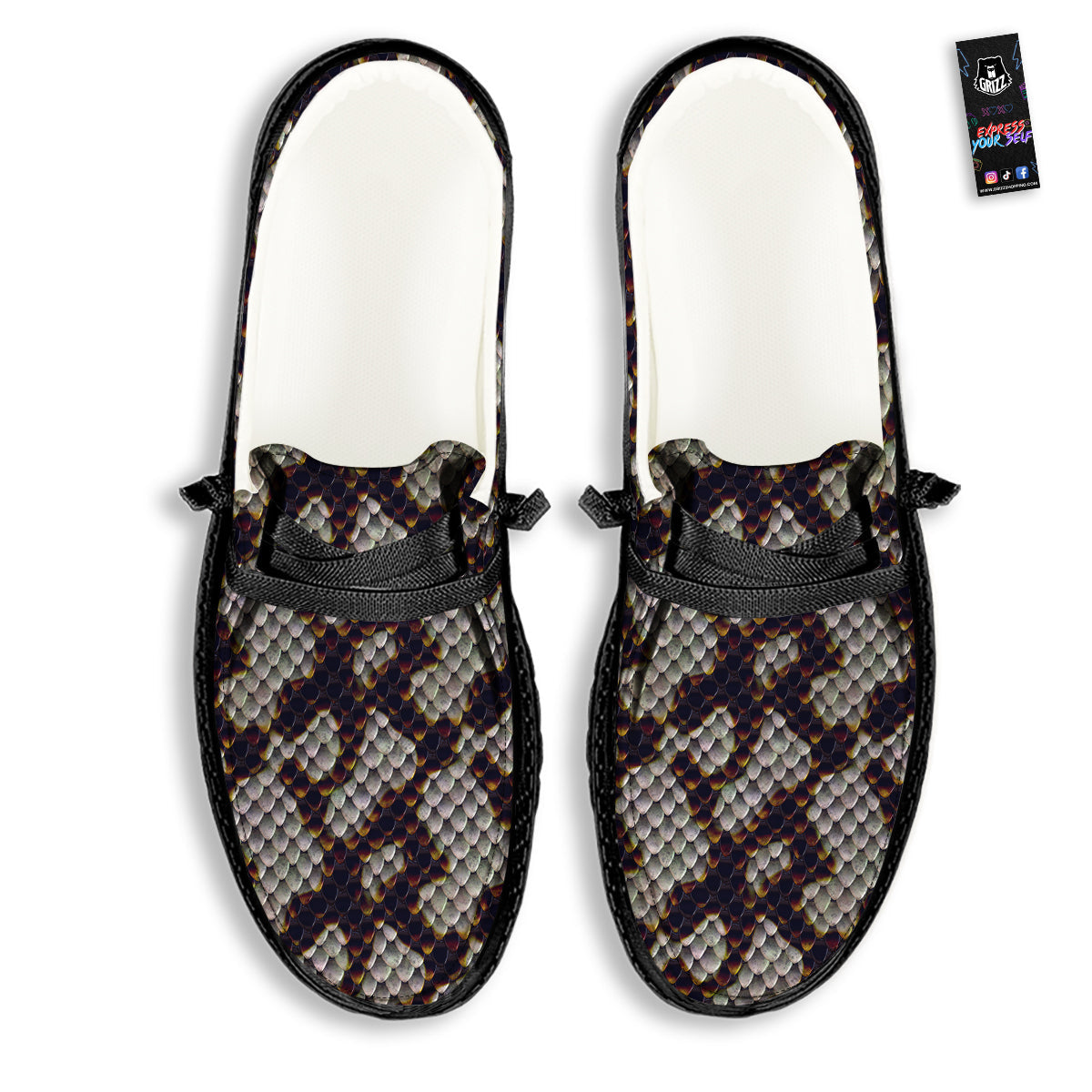 Snakeskin Black And White Texture Print Black Loafers-grizzshop