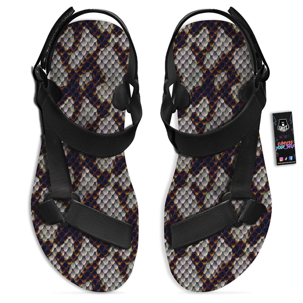 Snakeskin Black And White Texture Print Black Open Toe Sandals-grizzshop
