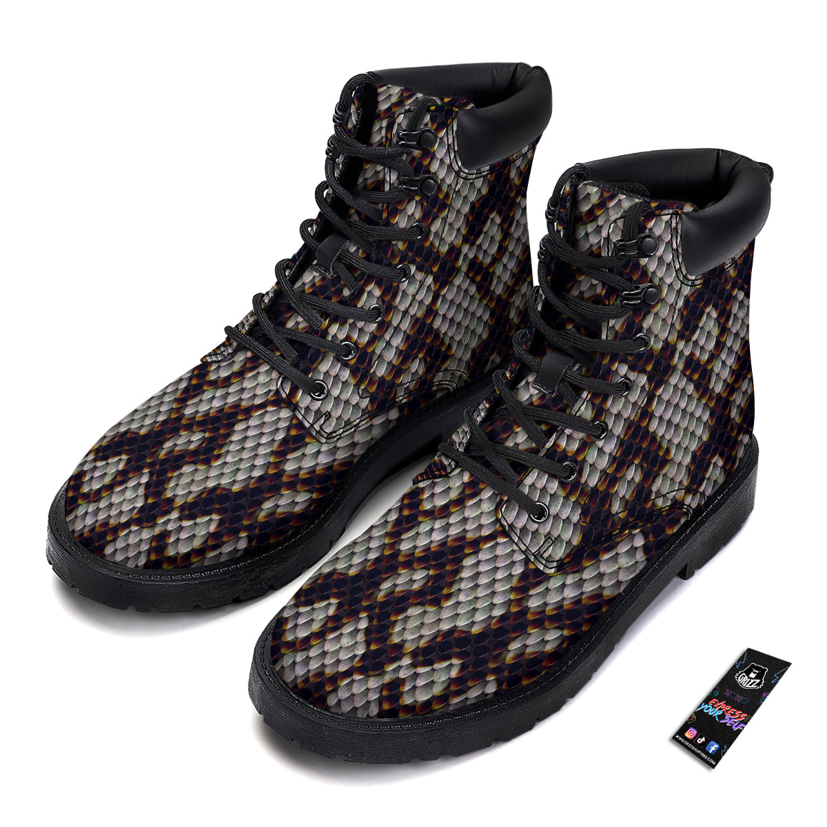 Snakeskin Black And White Texture Print Boots-grizzshop