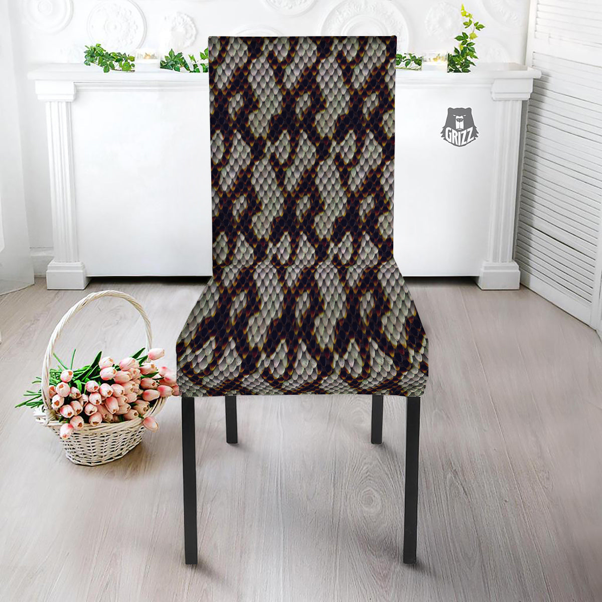 Snakeskin Black And White Texture Print Dining Chair Slipcover-grizzshop