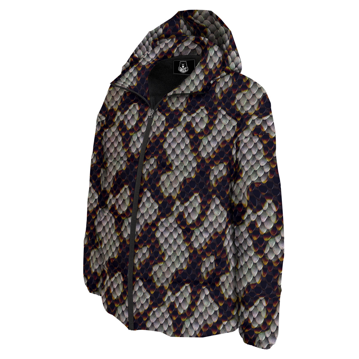 Snakeskin Black And White Texture Print Down Jacket-grizzshop