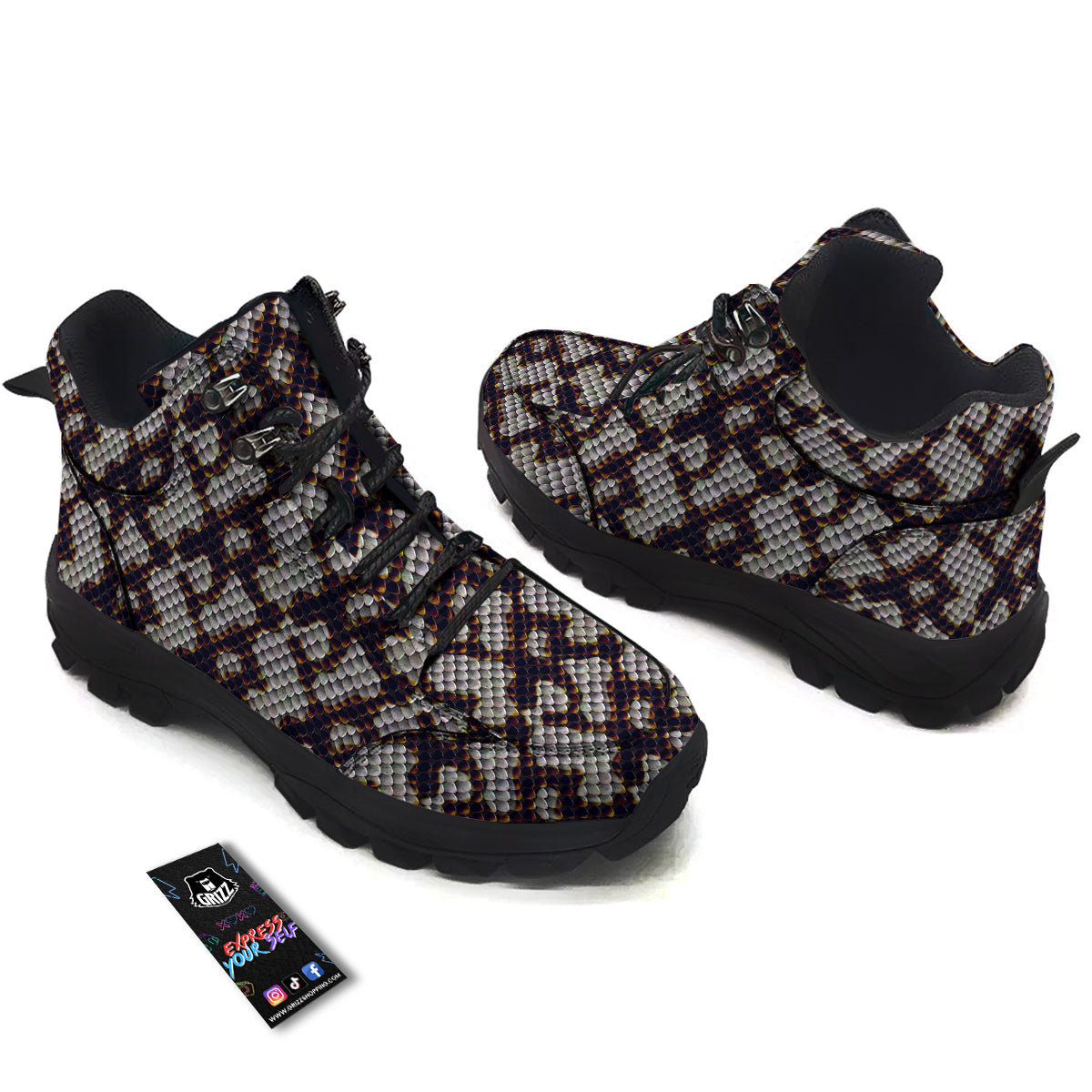 Snakeskin Black And White Texture Print Hiking Shoes-grizzshop
