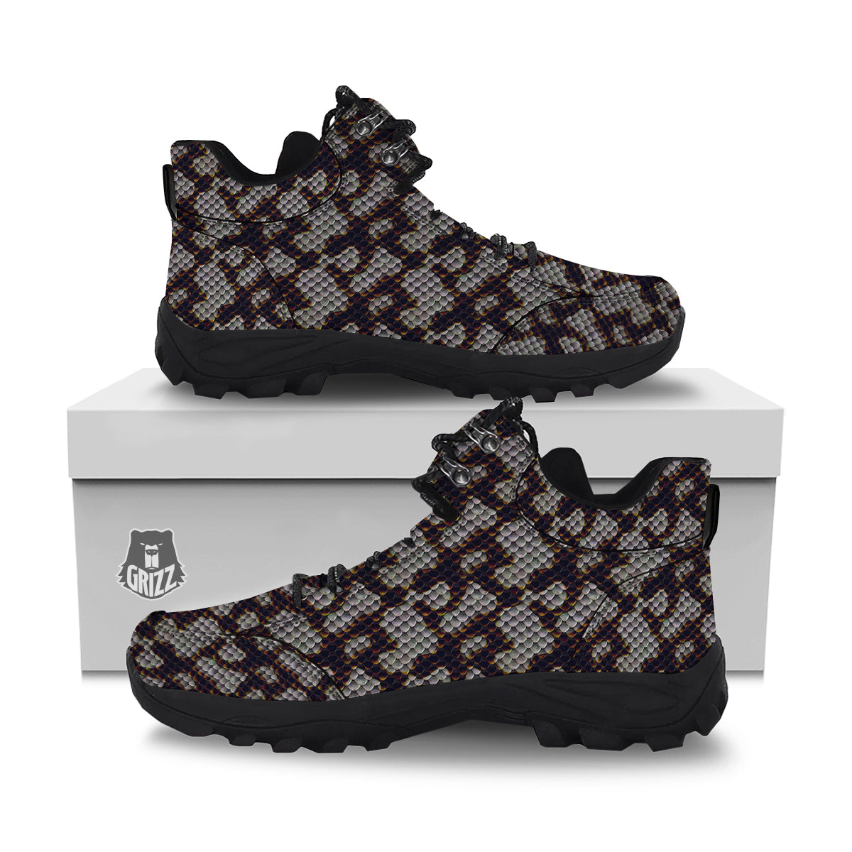 Snakeskin Black And White Texture Print Hiking Shoes-grizzshop