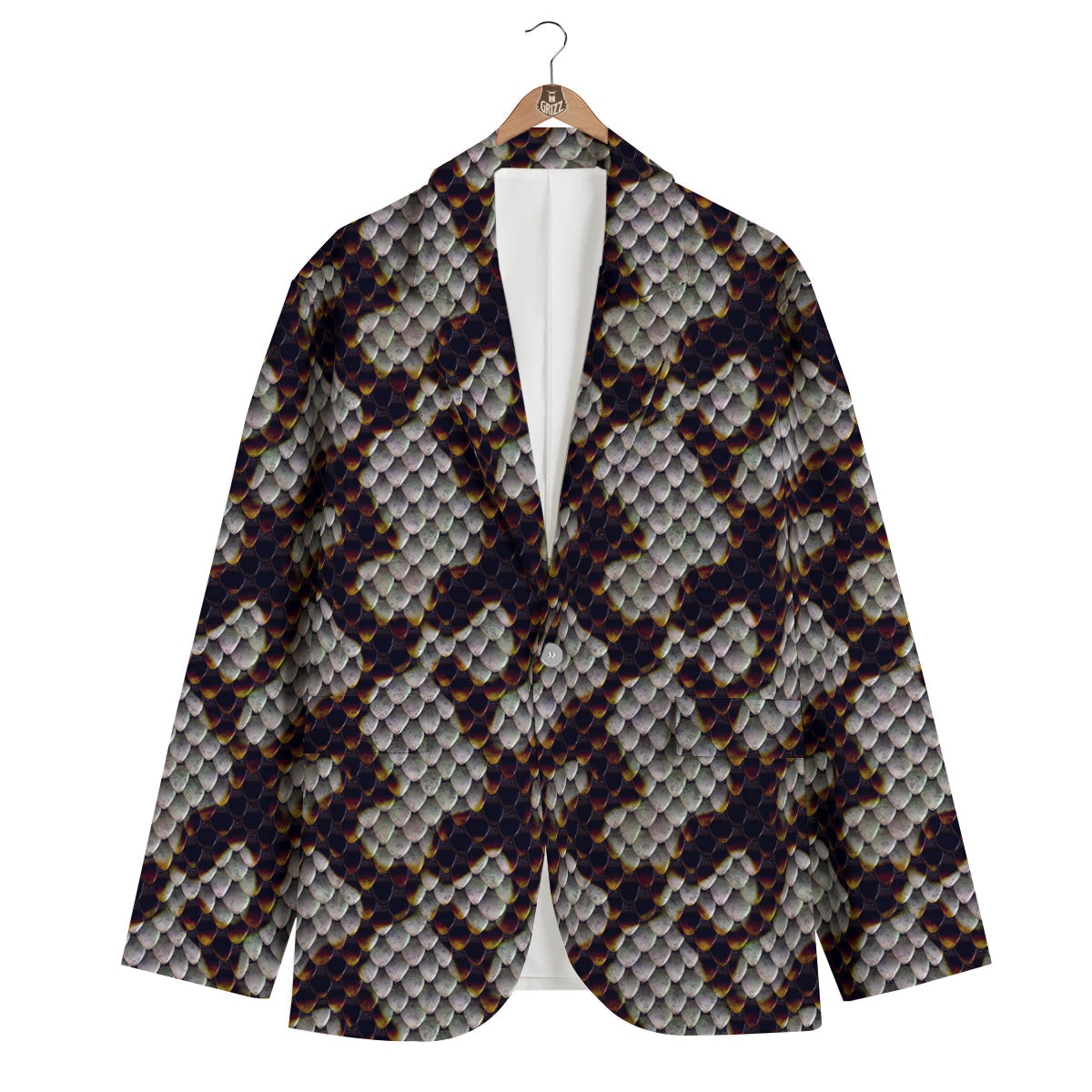 Snakeskin Black And White Texture Print Men's Blazer-grizzshop