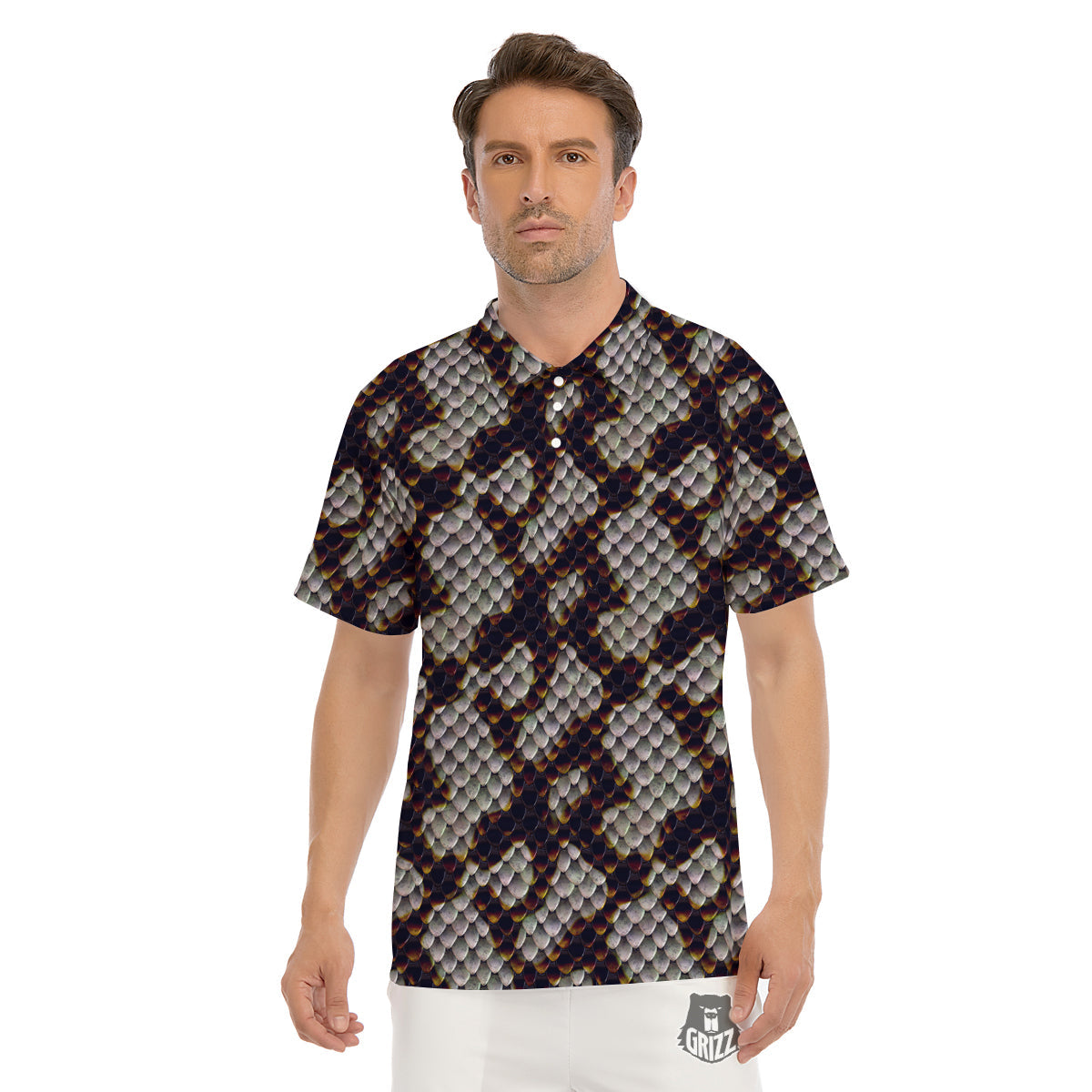 Snakeskin Black And White Texture Print Men's Golf Shirts-grizzshop