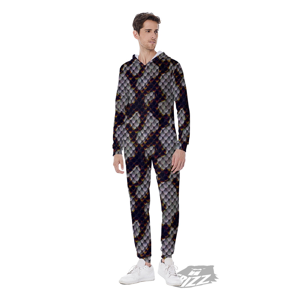 Snakeskin Black And White Texture Print Men's Jumpsuit-grizzshop