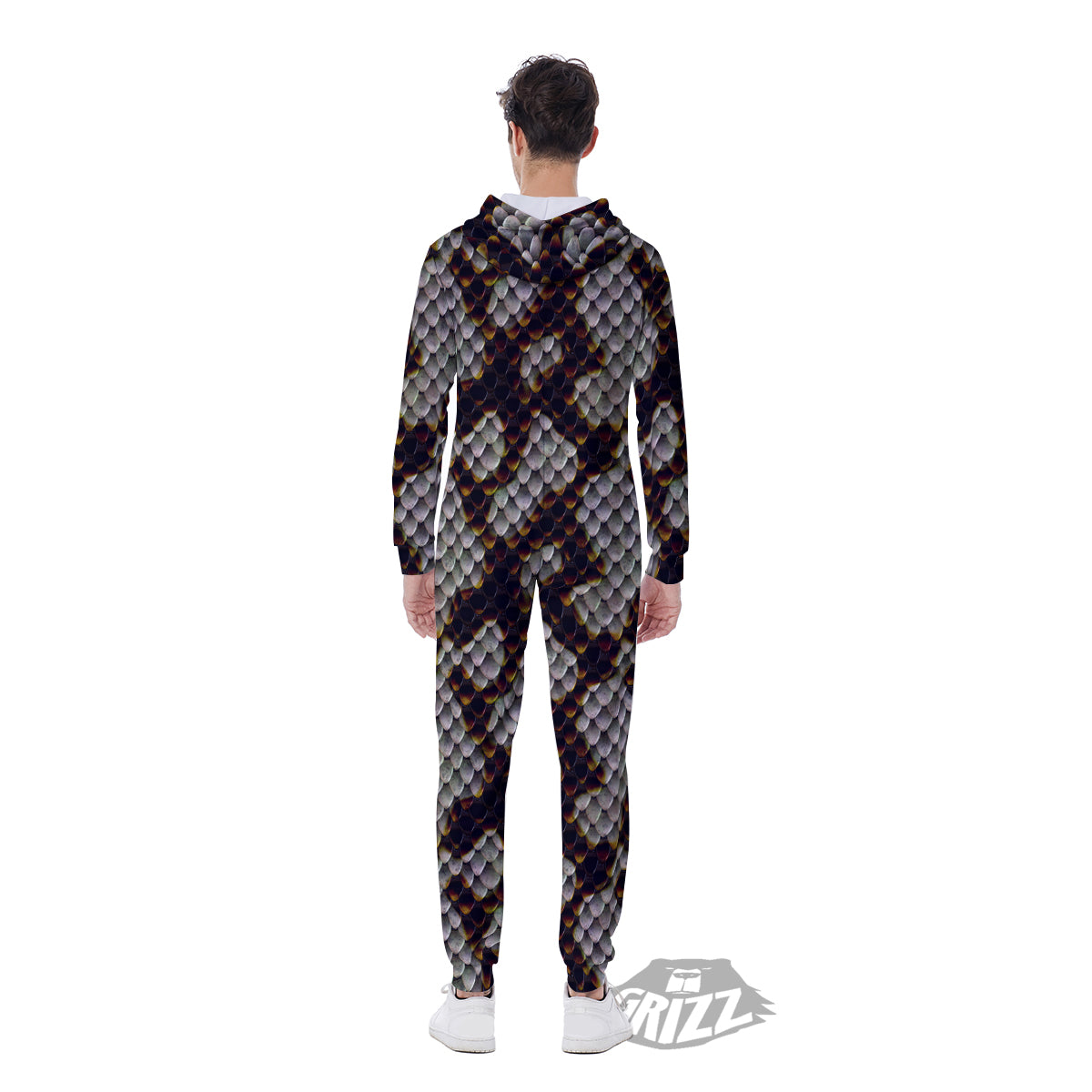Snakeskin Black And White Texture Print Men's Jumpsuit-grizzshop