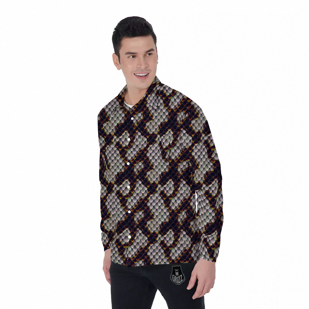 Snakeskin Black And White Texture Print Men's Long Sleeve Shirts-grizzshop