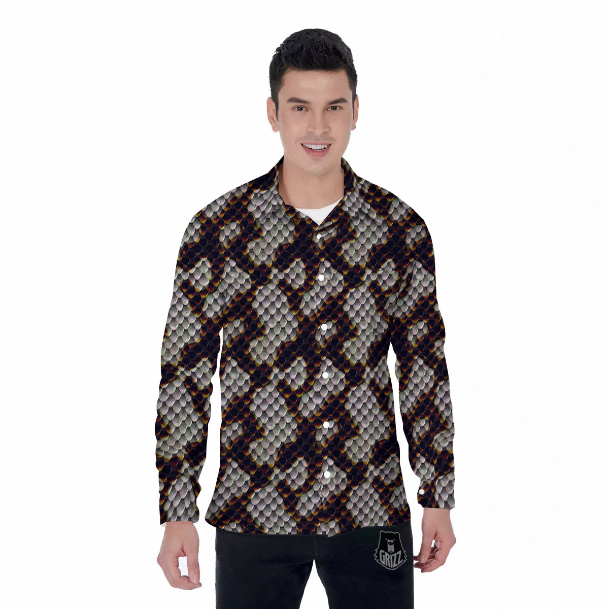 Snakeskin Black And White Texture Print Men's Long Sleeve Shirts-grizzshop