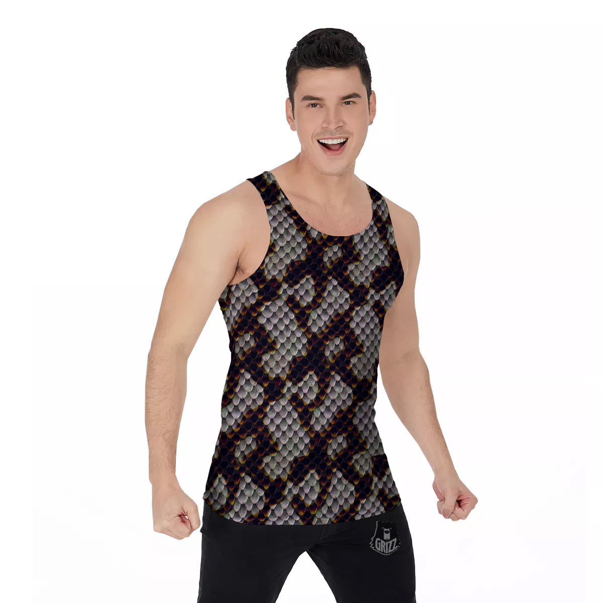 Snakeskin Black And White Texture Print Men's Tank Top-grizzshop