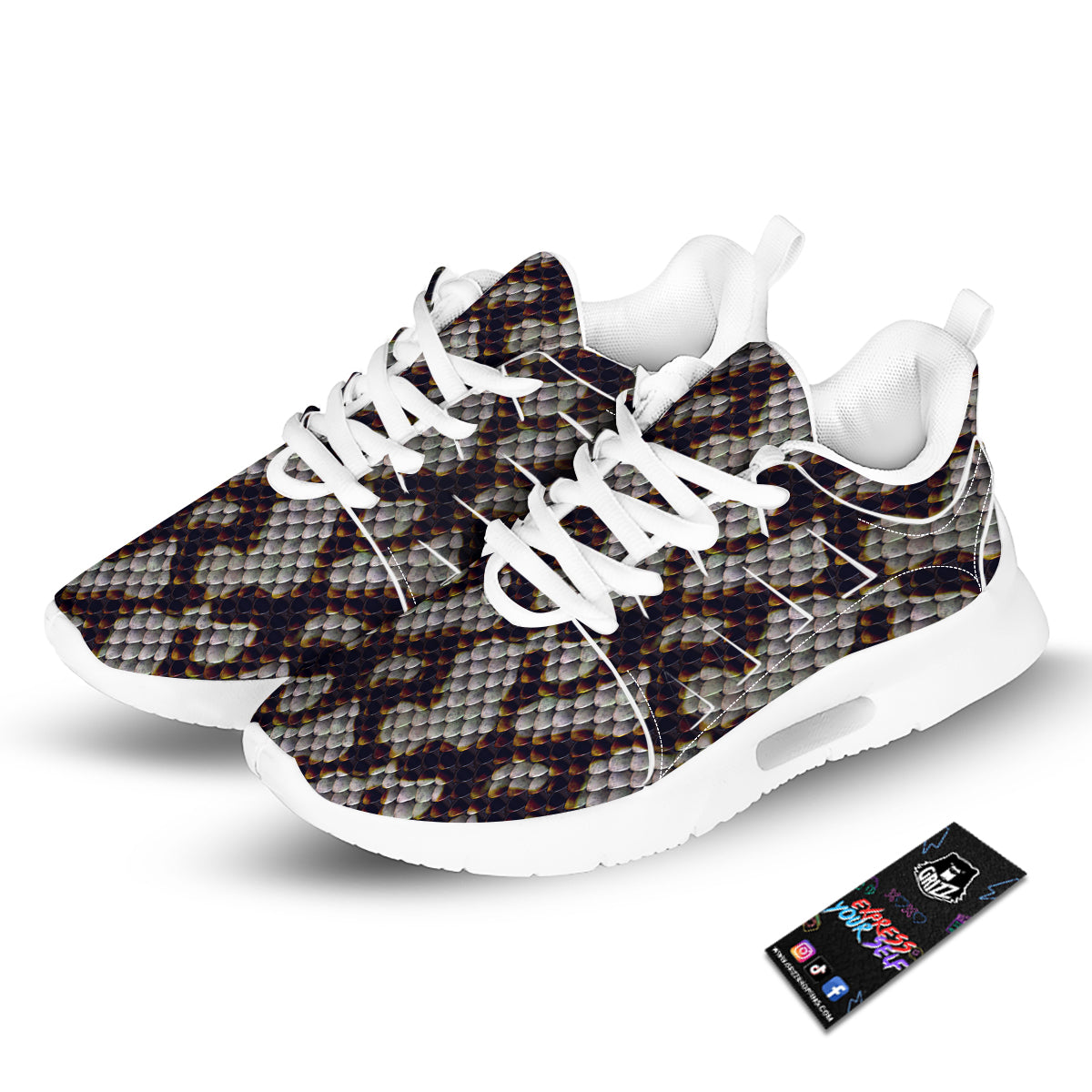 Snakeskin Black And White Texture Print Tennis Shoes-grizzshop