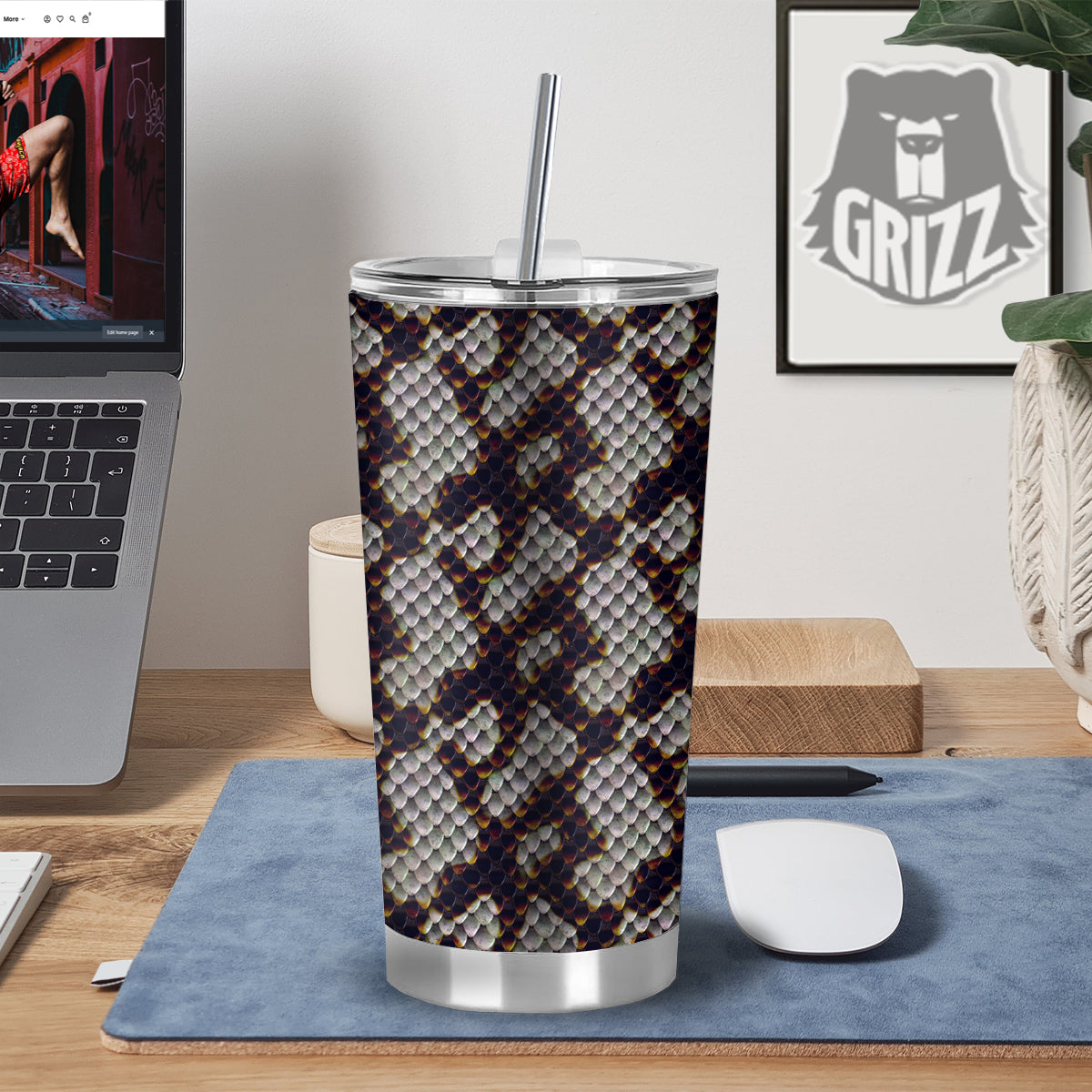 Snakeskin Black And White Texture Print Tumbler-grizzshop