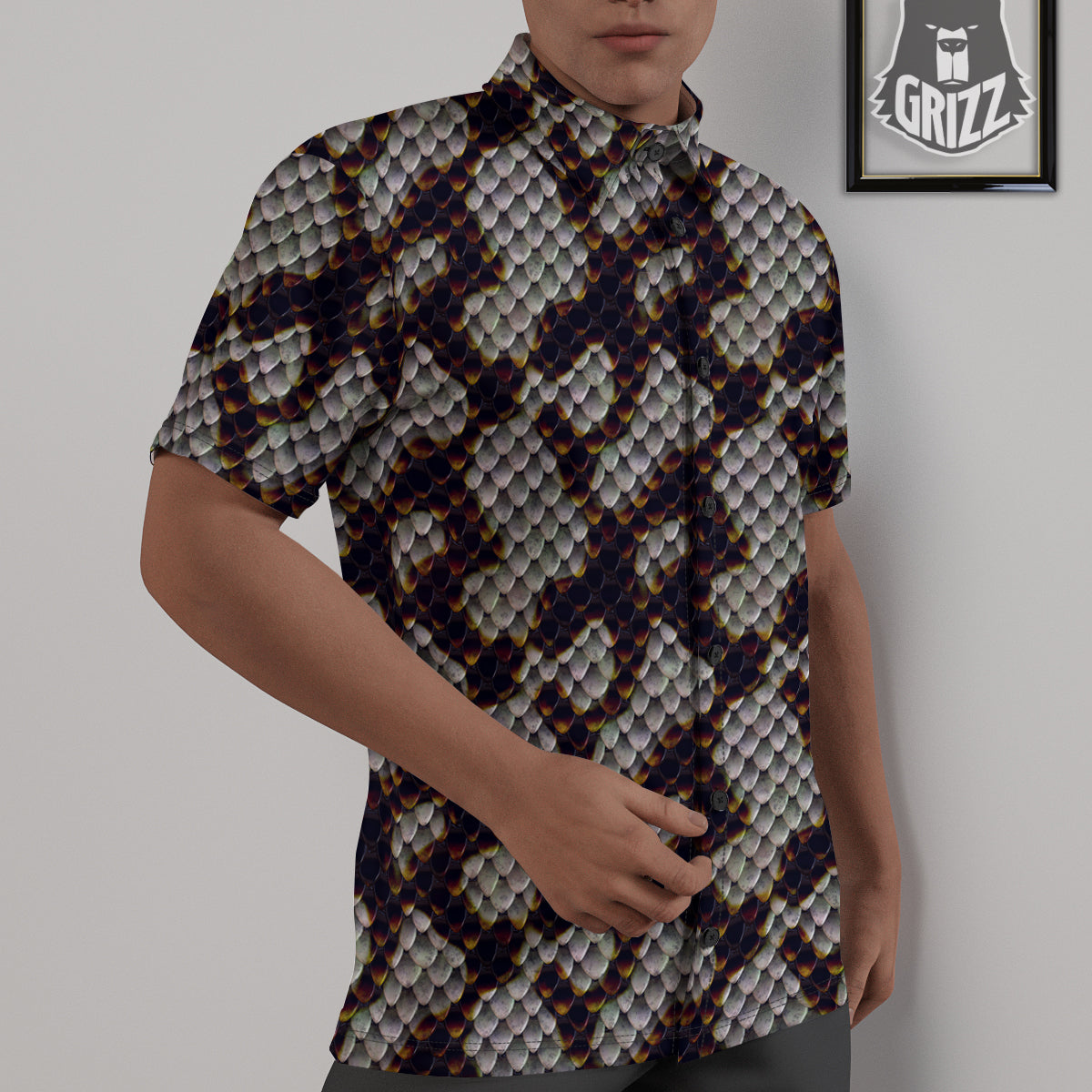 Snakeskin Black And White Texture Print Untucked Shirts-grizzshop