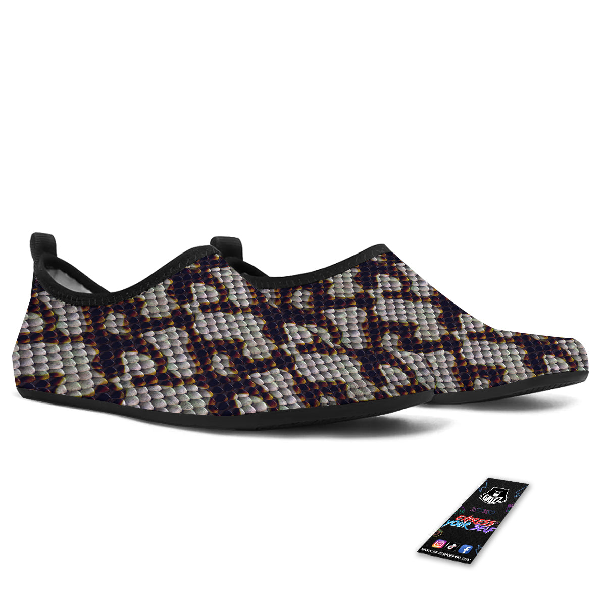 Snakeskin Black And White Texture Print Water Shoes-grizzshop