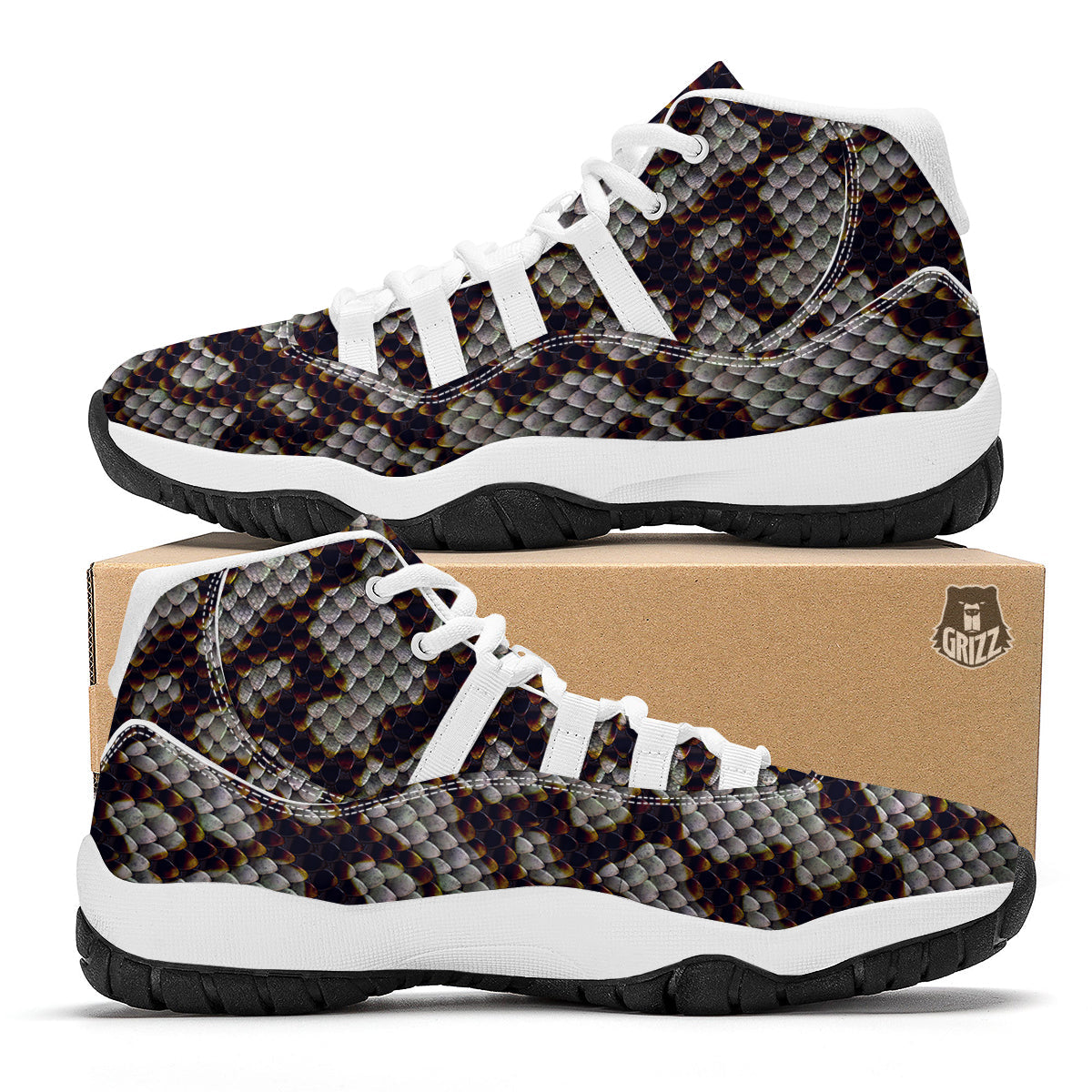 Snakeskin Black And White Texture Print White Bball Shoes-grizzshop