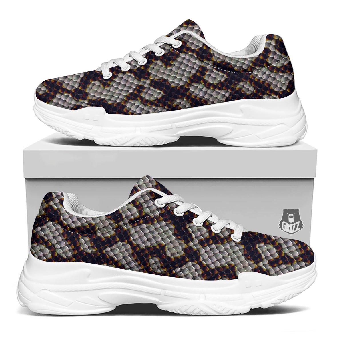 Snakeskin Black And White Texture Print White Chunky Shoes-grizzshop