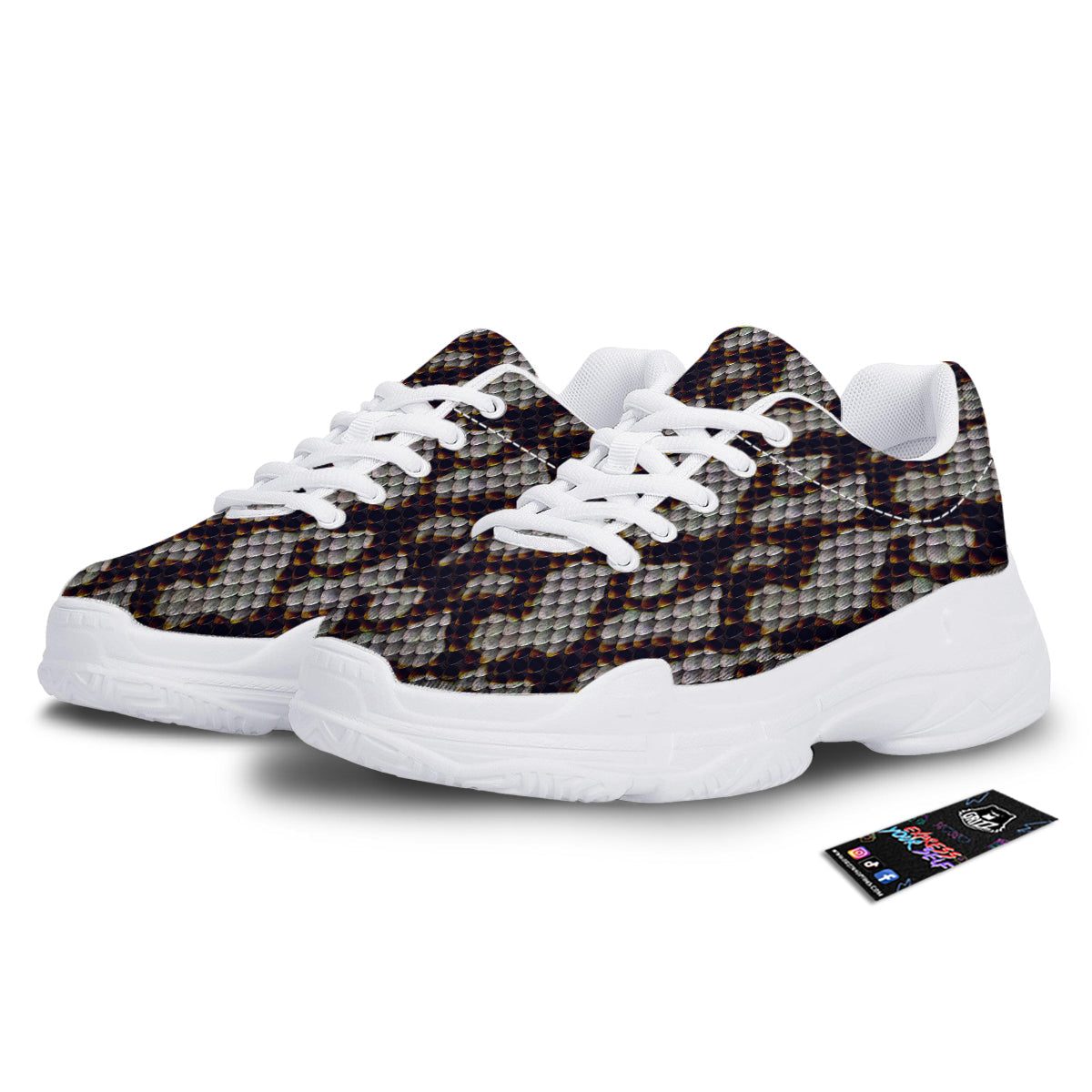 Snakeskin Black And White Texture Print White Chunky Shoes-grizzshop