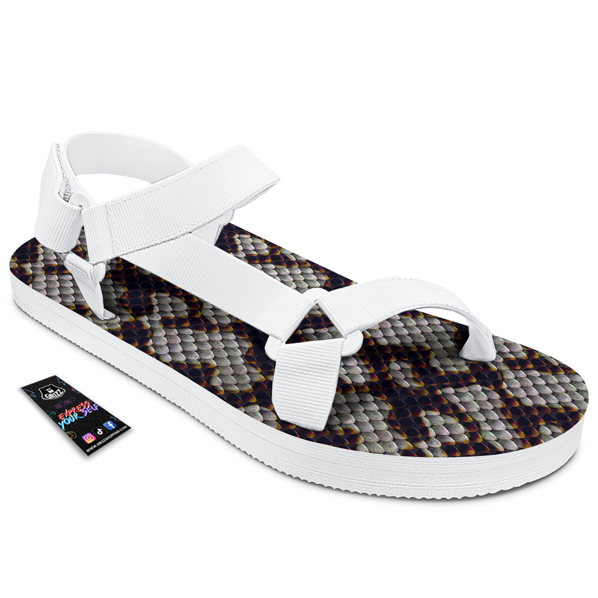 Snakeskin Black And White Texture Print White Open Toe Sandals-grizzshop