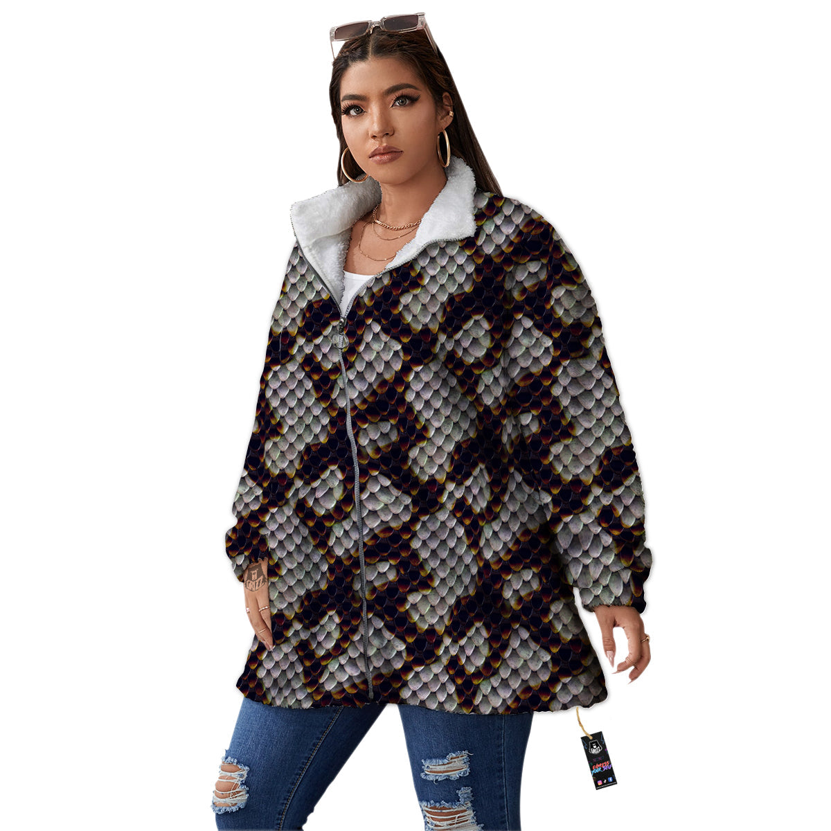 Snakeskin Black And White Texture Print Women's Sherpa Jacket-grizzshop