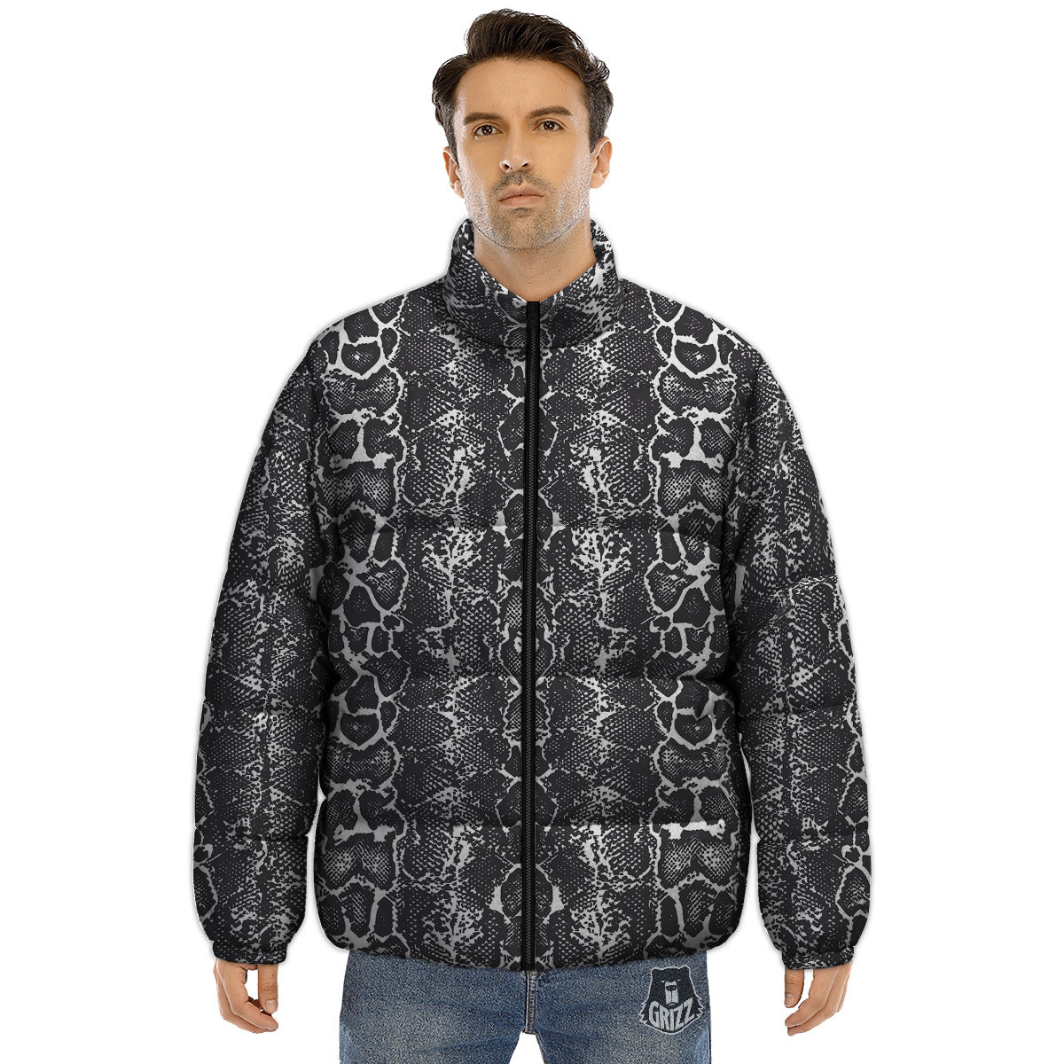 Snakeskin Black Print Puffer Jacket-grizzshop