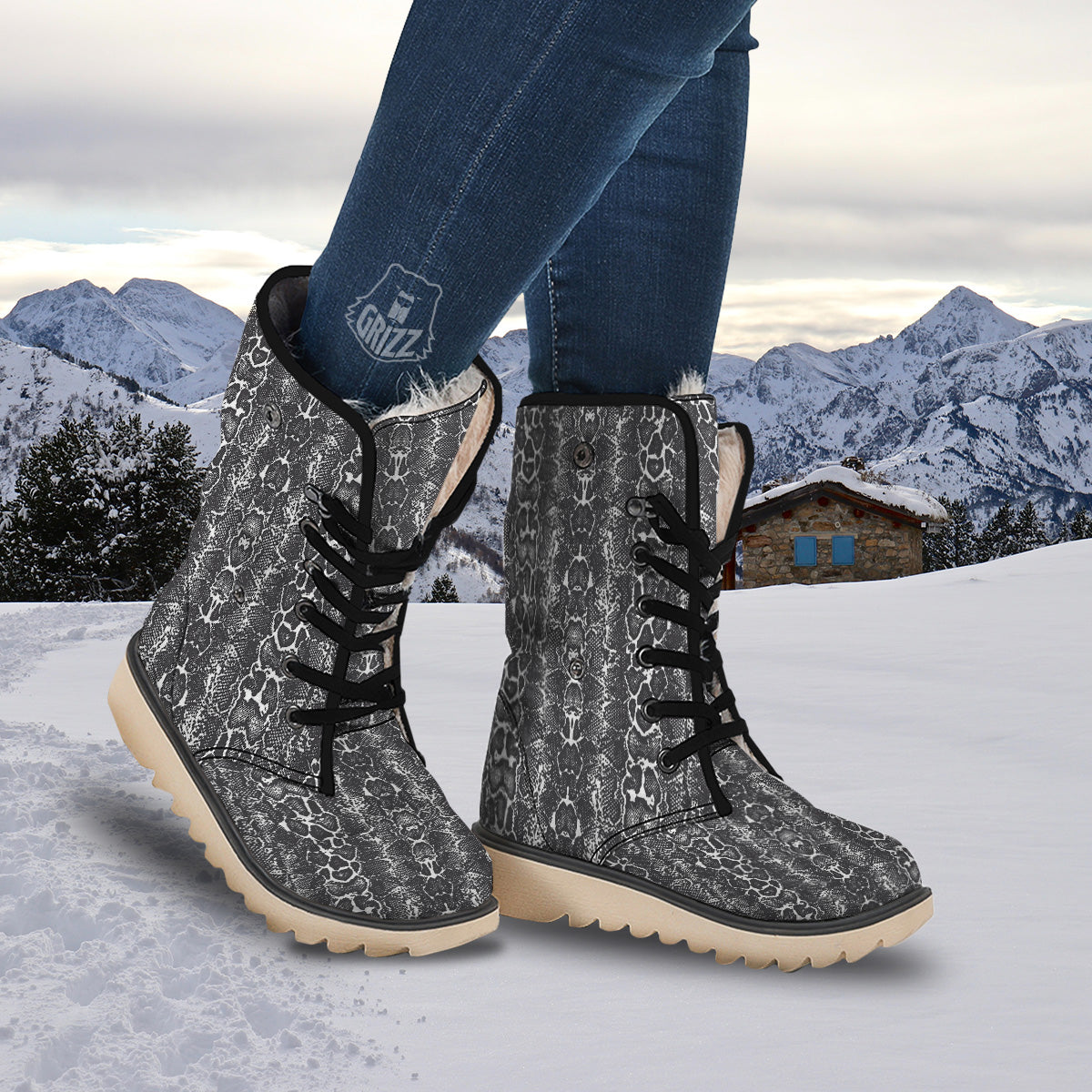 Snakeskin Black Print Snow Boots-grizzshop