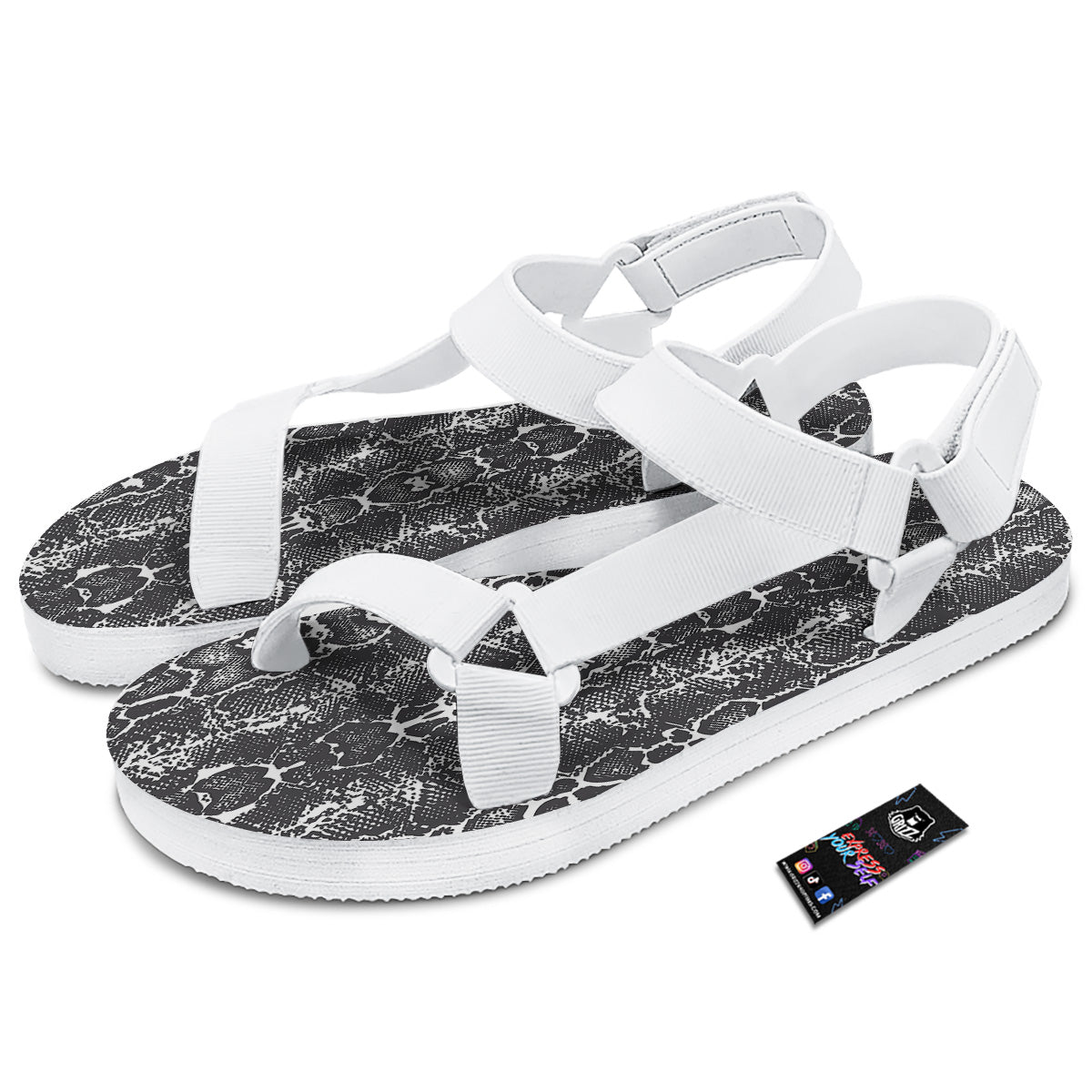 Snakeskin Black Print White Open Toe Sandals-grizzshop
