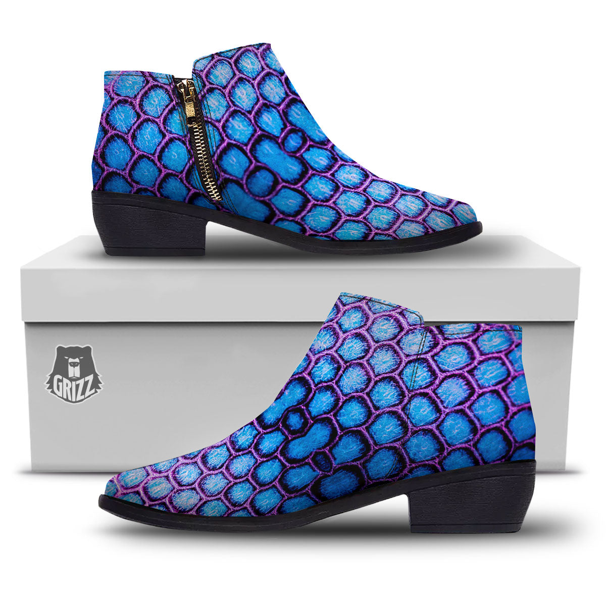Snakeskin Blue And Purple Print Pattern Ankle Boots-grizzshop