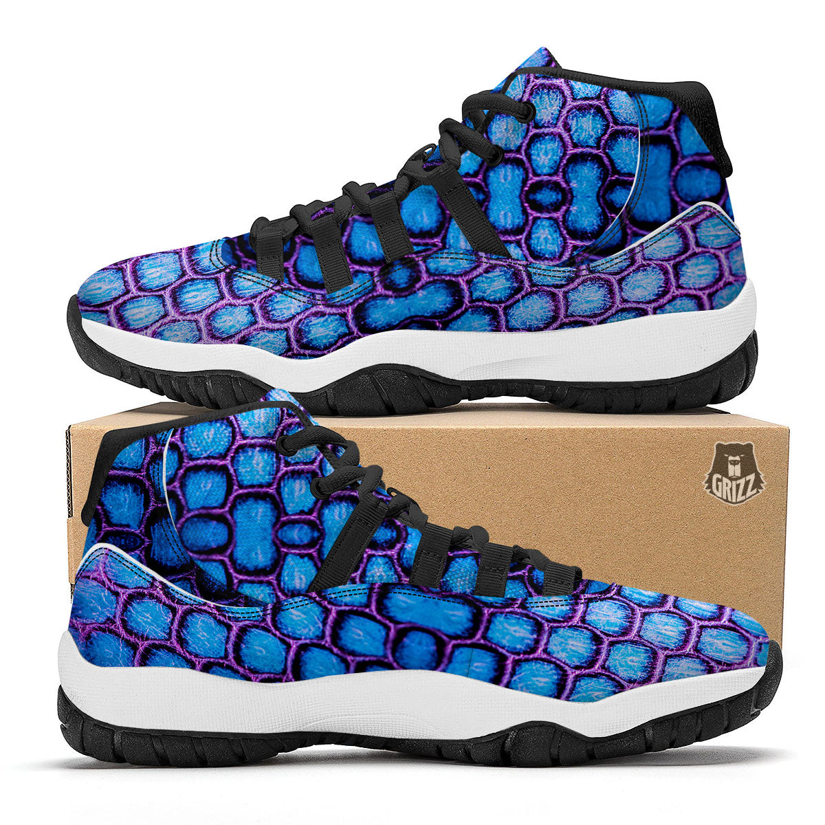 Snakeskin Blue And Purple Print Pattern Black Bball Shoes-grizzshop