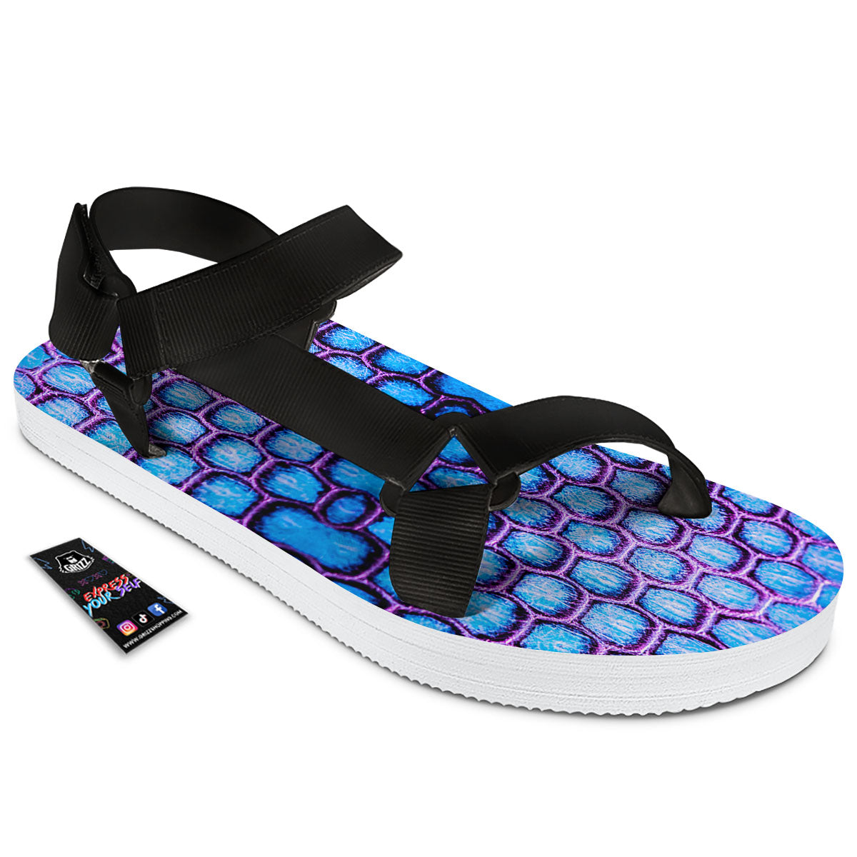 Snakeskin Blue And Purple Print Pattern Black Open Toe Sandals-grizzshop