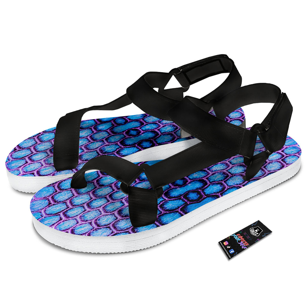 Snakeskin Blue And Purple Print Pattern Black Open Toe Sandals-grizzshop