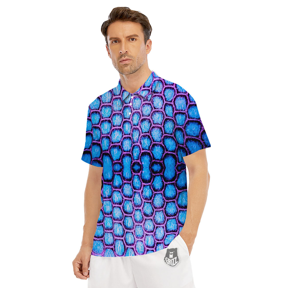 Snakeskin Blue And Purple Print Pattern Men's Golf Shirts-grizzshop