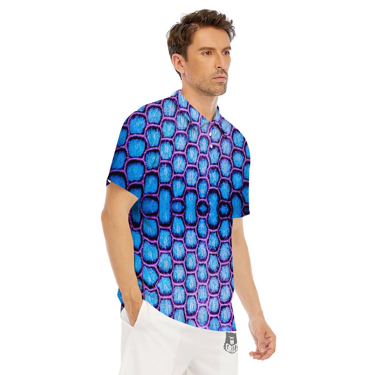 Snakeskin Blue And Purple Print Pattern Men's Golf Shirts-grizzshop